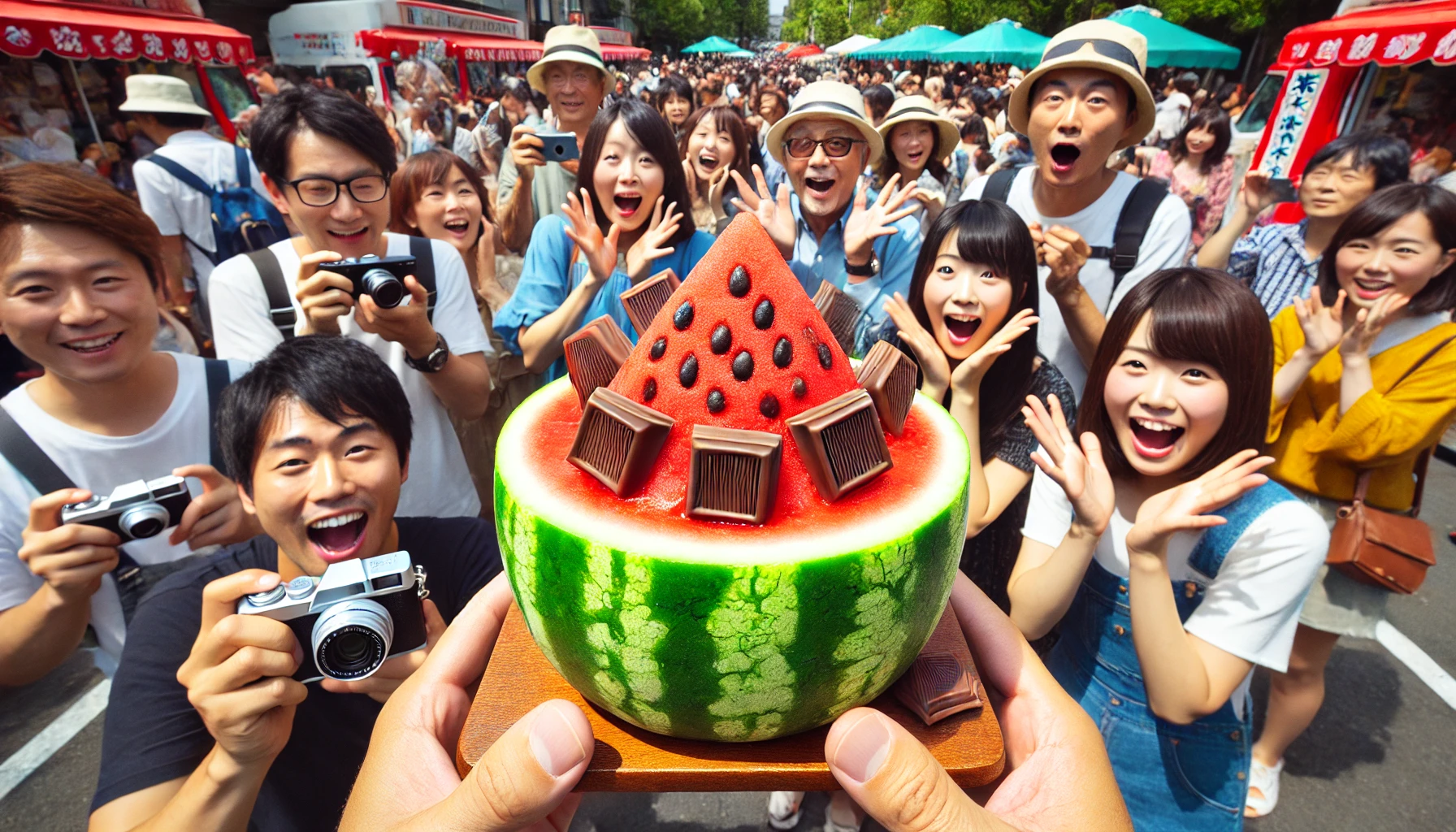 A popular watermelon-shaped ice bar with chocolate pieces as seeds, surrounded by excited people, capturing its popularity during summer. The scene is joyful and vibrant, with Japanese individuals enjoying the ice bar in a lively outdoor summer festival setting.