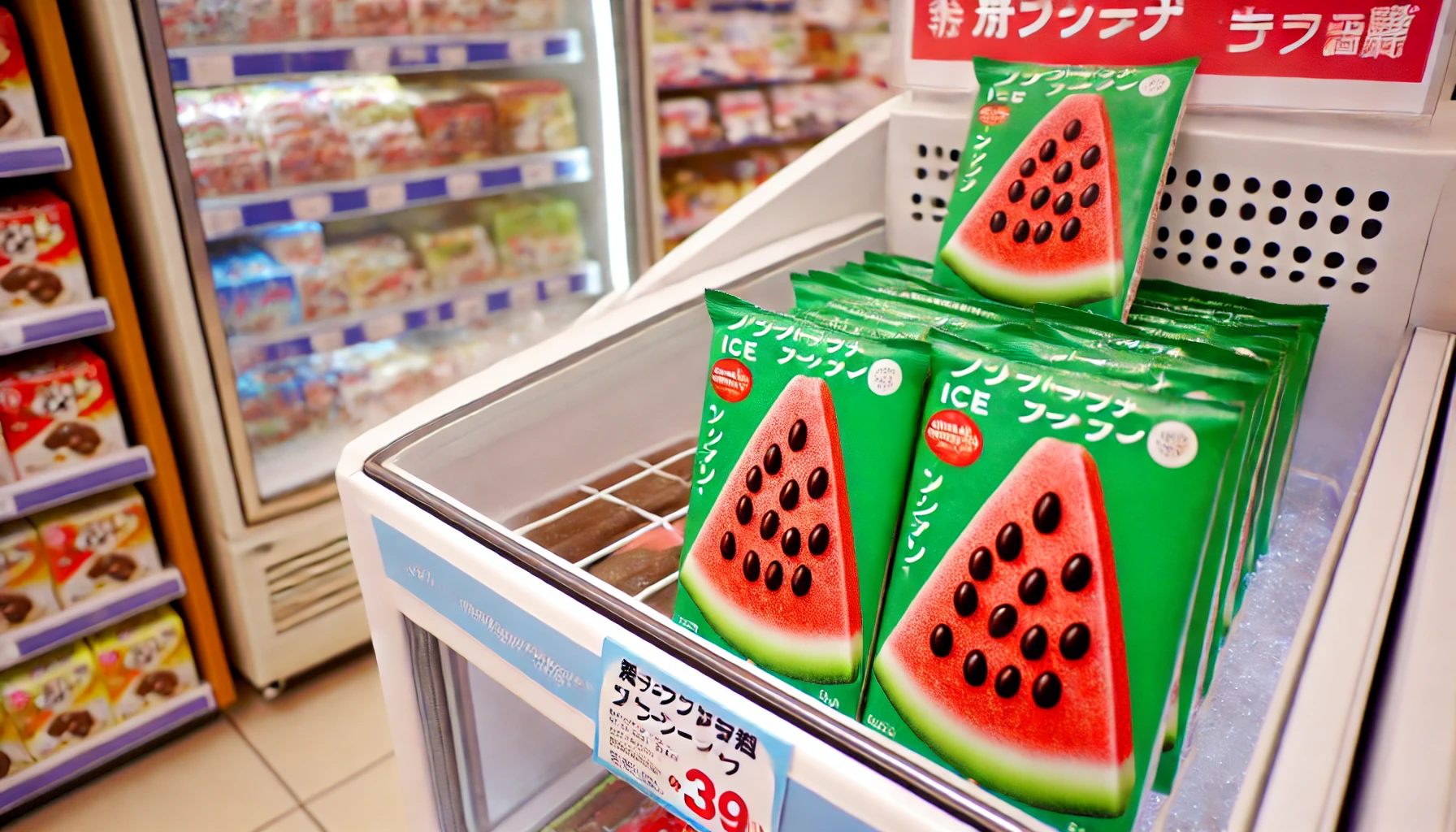 A display showing a watermelon-shaped ice bar with chocolate seeds, available for sale at a store or convenience store. The image shows multiple ice bars inside a freezer, with the store background visible. The atmosphere should look like a typical Japanese convenience store.