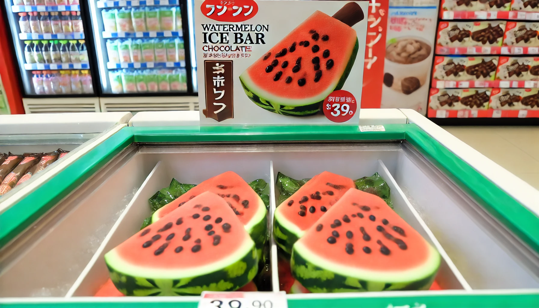 A display showing a watermelon-shaped ice bar with chocolate seeds, available for sale at a store or convenience store. The image shows multiple ice bars inside a freezer, with the store background visible. The atmosphere should look like a typical Japanese convenience store.