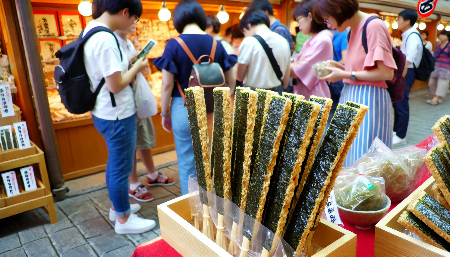 A popular thick, stick-shaped crispy rice cracker wrapped in seaweed, displayed in a traditional Japanese market. The scene shows the snack being highly popular among shoppers, with several people gathered around, browsing and buying the product. The market has a vibrant and lively atmosphere.