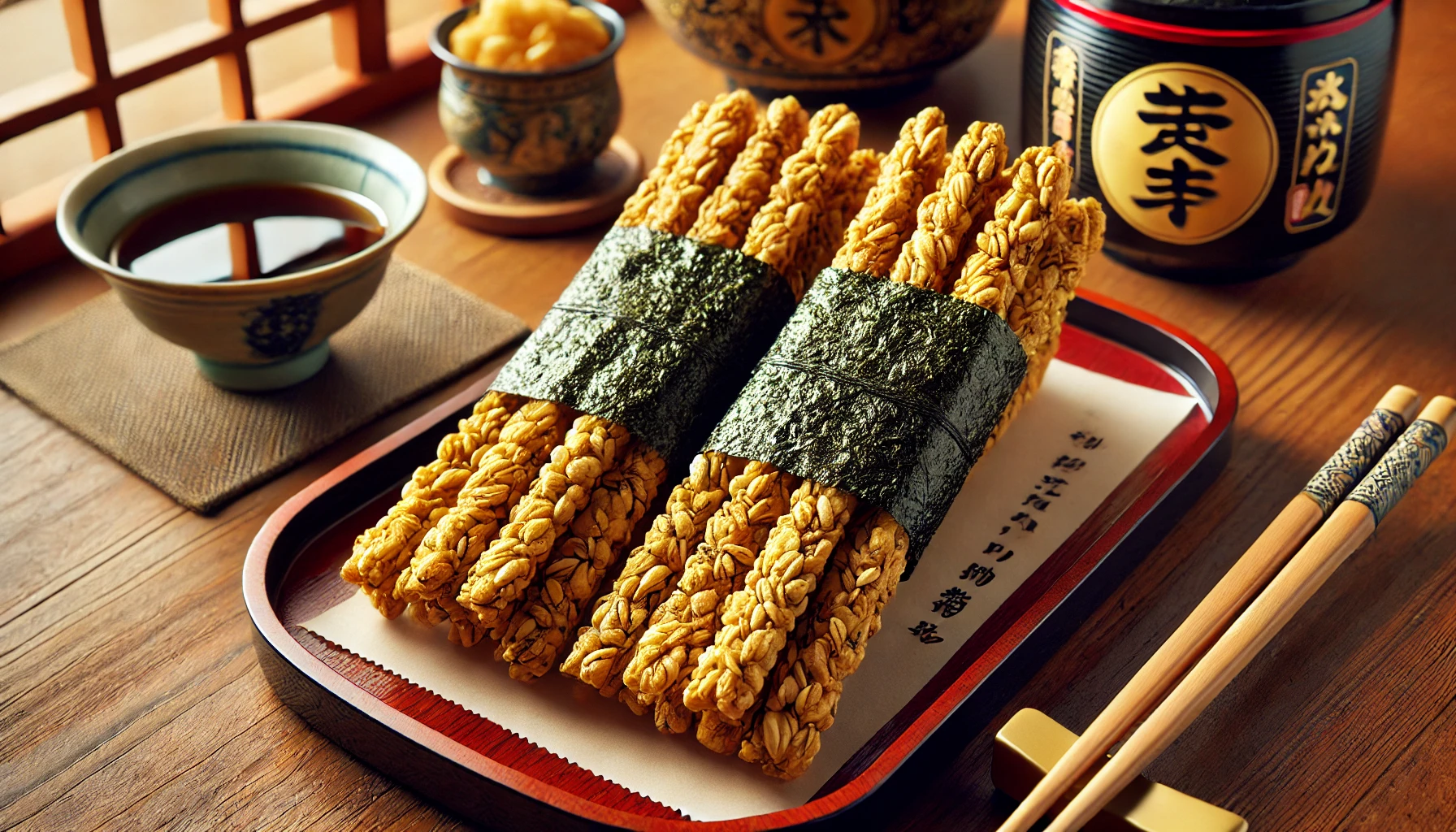 A close-up view of two crispy, stick-shaped rice crackers wrapped in seaweed, displayed on a table in a traditional Japanese setting. The crackers have a golden-brown color, indicating their crunchy texture. This is a regionally limited product sold in specific locations.