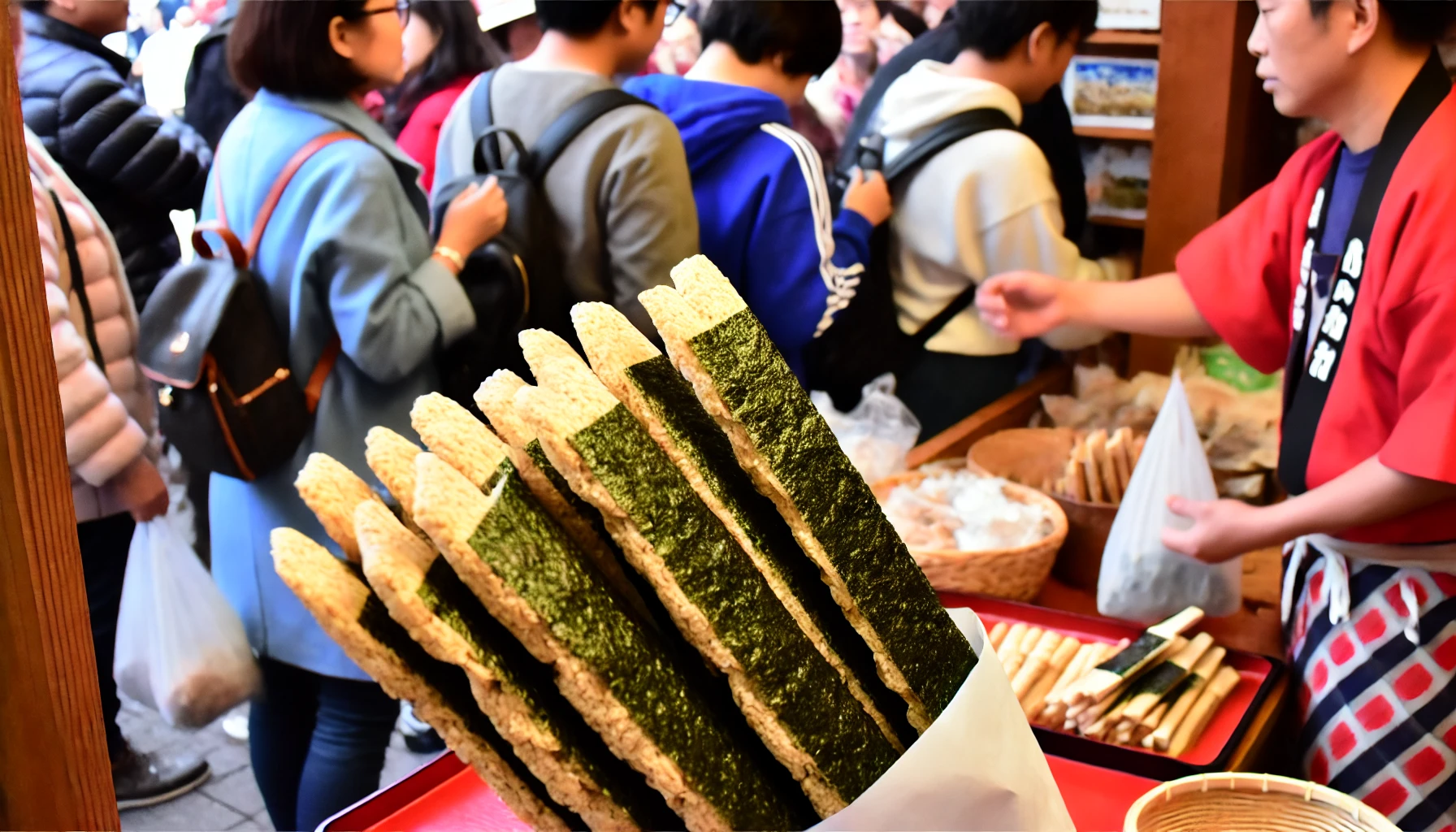 A popular thick, stick-shaped crispy rice cracker wrapped in seaweed, displayed in a traditional Japanese market. The scene shows the snack being highly popular among shoppers, with several people gathered around, browsing and buying the product. The market has a vibrant and lively atmosphere.