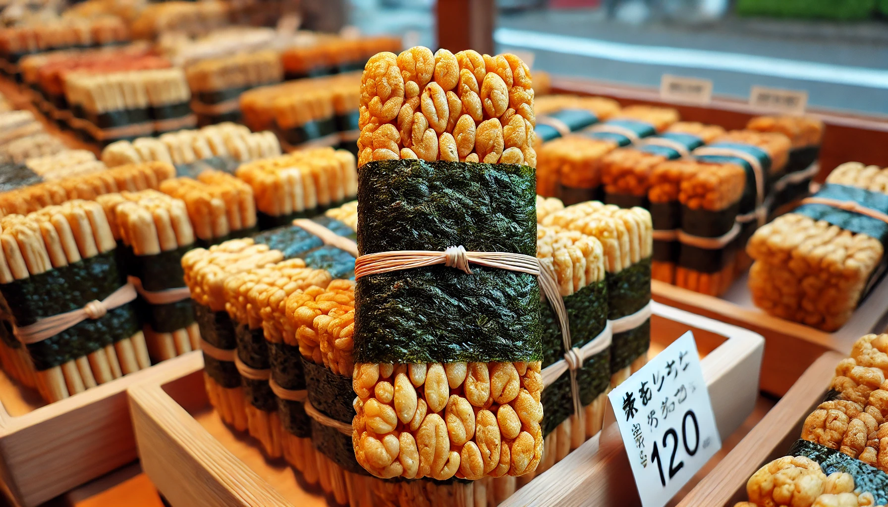 A close-up view of a single thick, stick-shaped crispy rice cracker wrapped in seaweed, displayed as part of a regionally limited snack available for sale. The rice cracker is golden-brown, indicating a crunchy texture, with the seaweed wrapped around the middle. The setting should evoke a traditional Japanese marketplace.