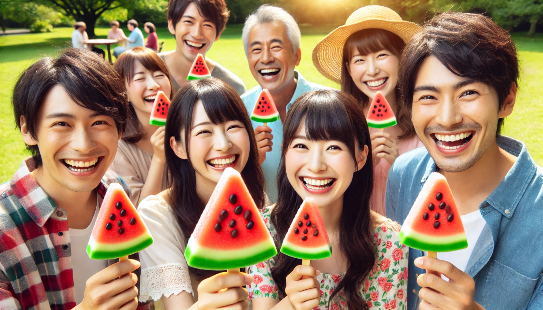 A group of happy Japanese people enjoying a watermelon-shaped ice bar with chocolate seeds in a park setting. The scene captures the moment of tasting the refreshing ice bar, with smiles and expressions of joy. The atmosphere is sunny and cheerful, representing summer fun.