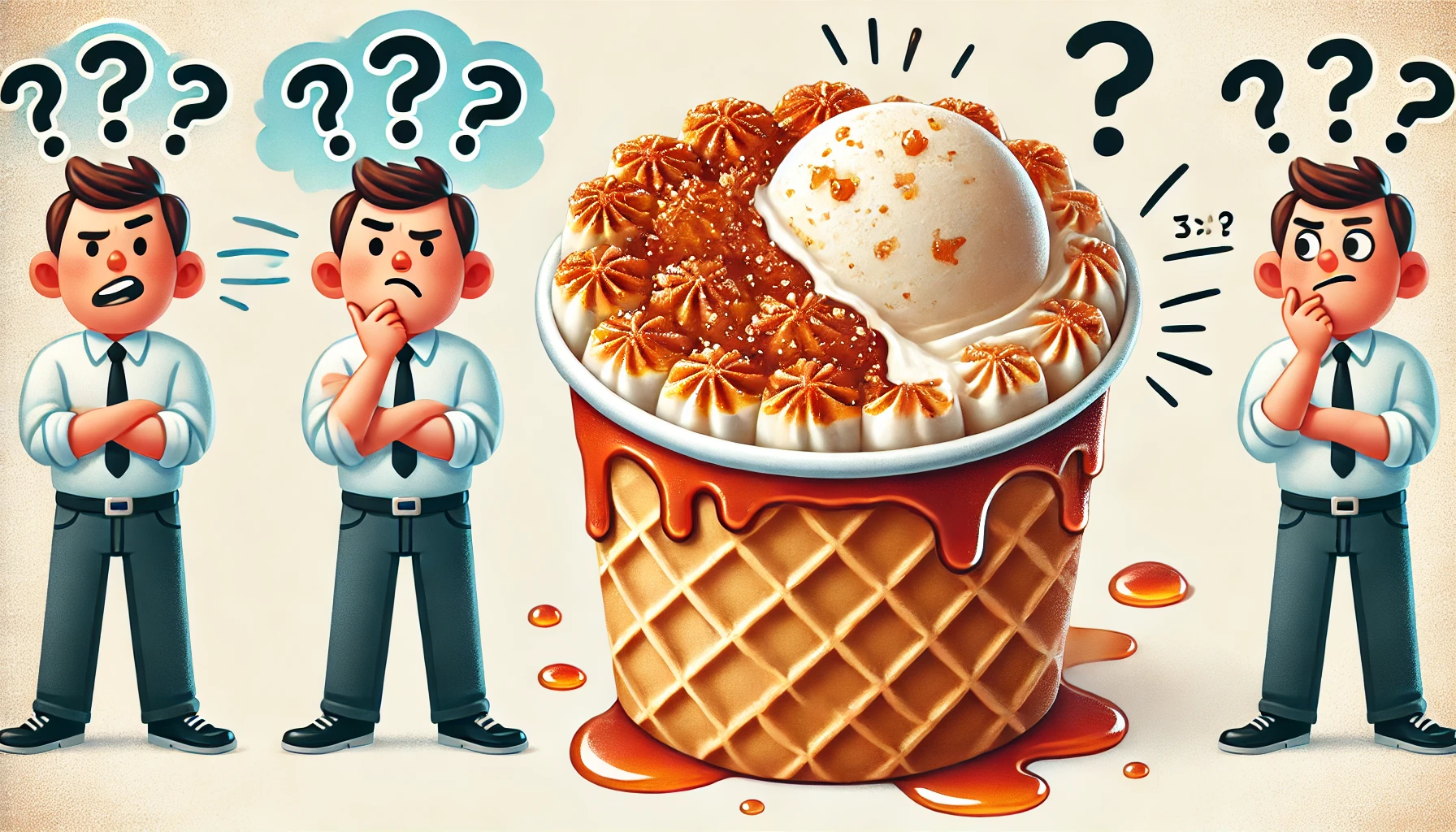 A rich, creamy milk ice cream with a caramelized top layer, featuring a crispy texture. Illustration showing confusion about whether the product has been discontinued. Horizontal orientation (16:9).