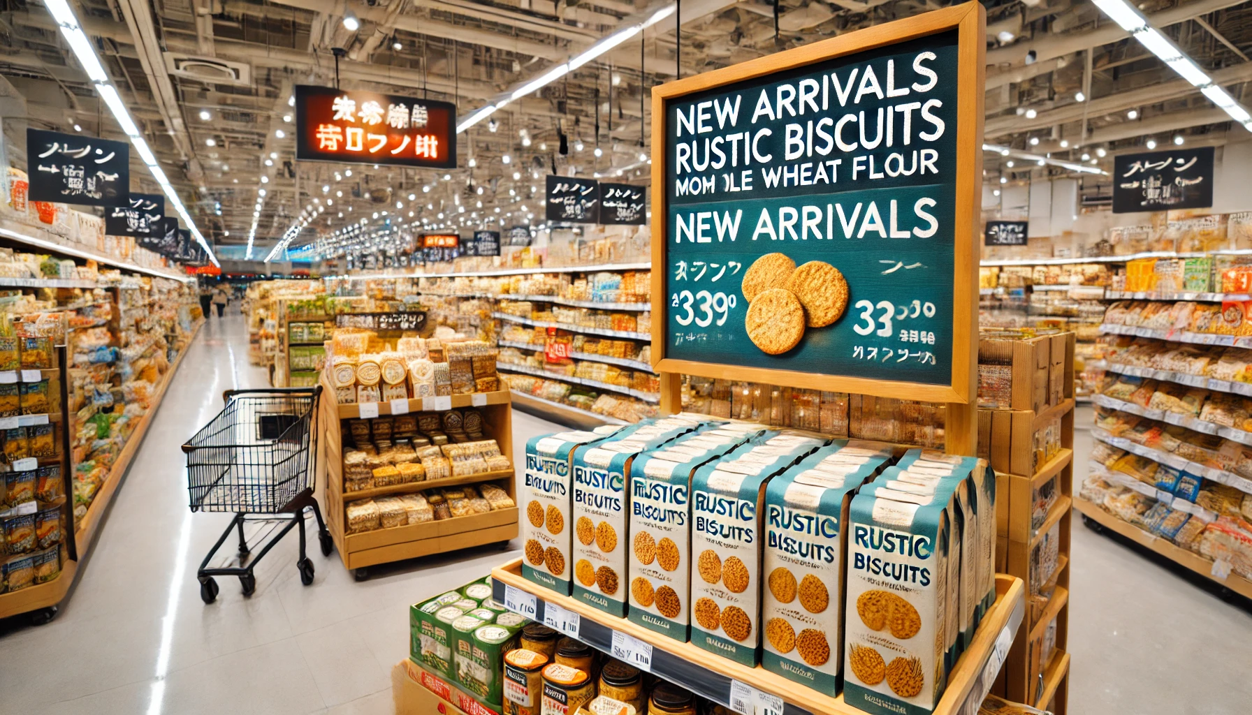 A Japanese supermarket aisle featuring a sign for new arrivals of rustic biscuits made from whole wheat flour, showcasing the products in an organized and appealing way. Bright store lighting and busy environment typical of Japanese retail.