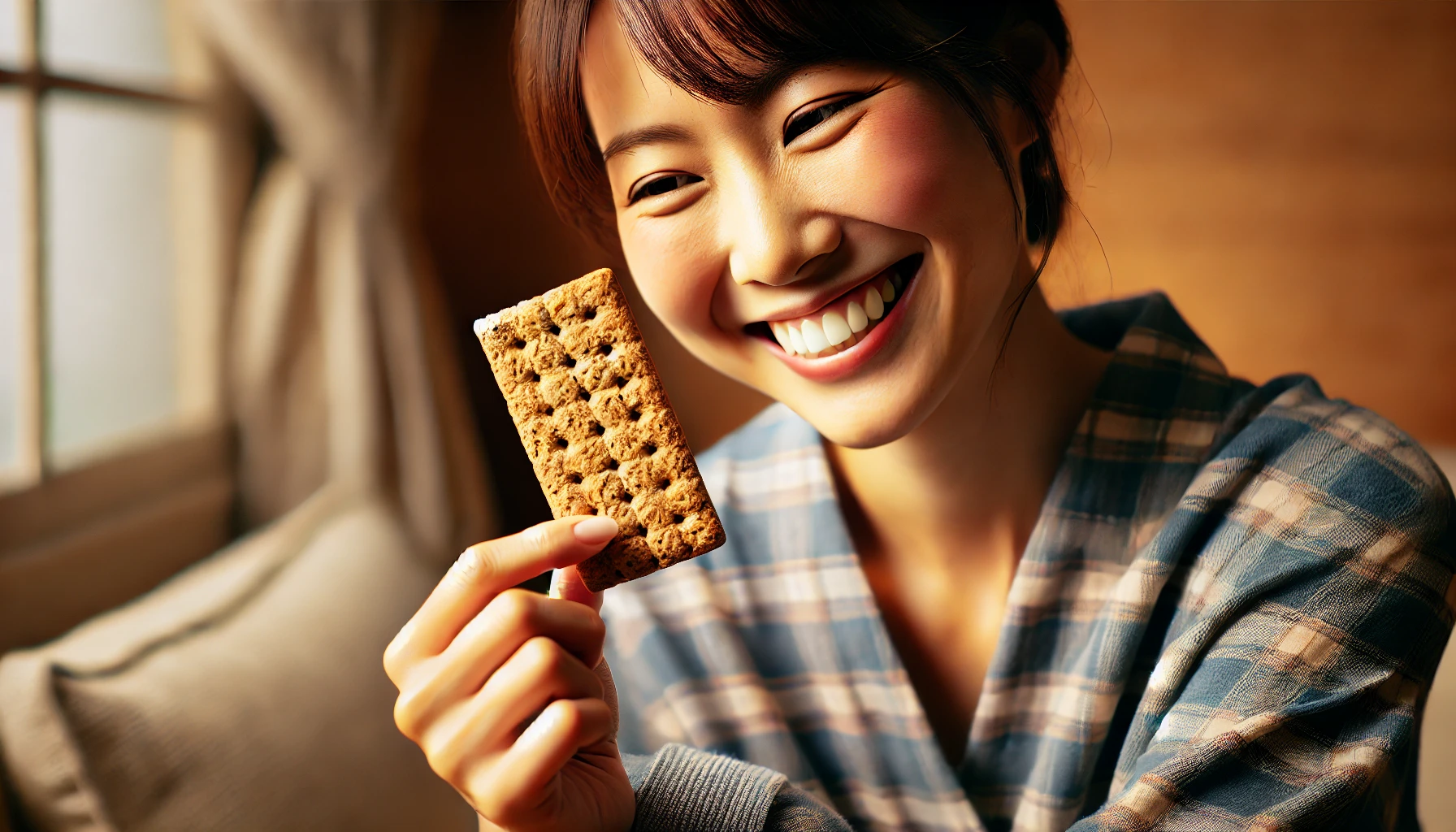 A Japanese person smiling while holding a rustic biscuit made from whole wheat flour, enjoying the simple, crunchy texture. The setting is at home, with a cozy and warm atmosphere, showing happiness and contentment.