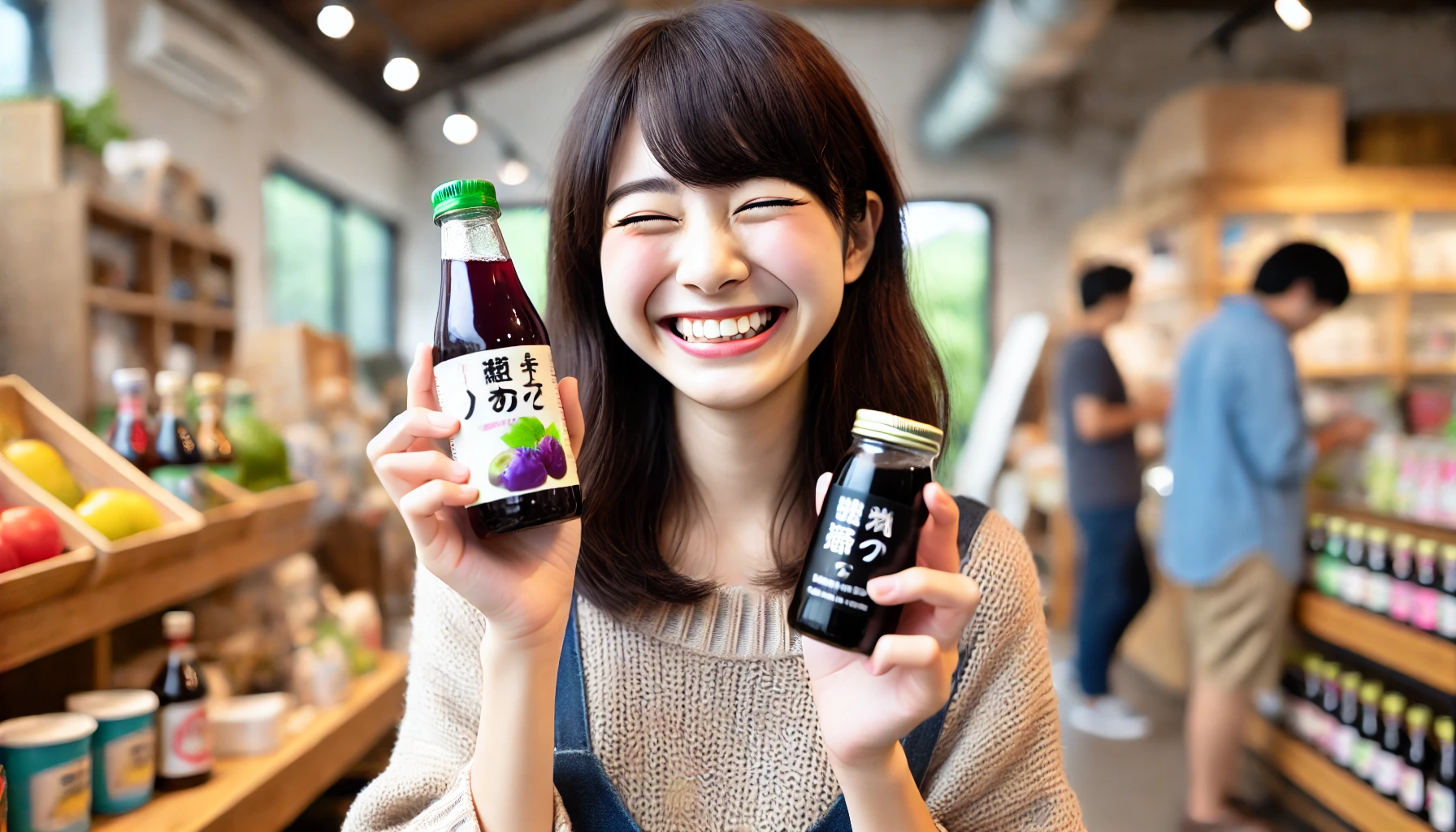 A Japanese person holding a small PET bottle of plum juice and black vinegar drink, smiling with happiness after finding it. Background shows a casual setting or store environment. Horizontal orientation (16:9)