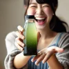 A small PET bottle of plum juice mixed with black vinegar, creating a refreshing transparent drink with a light green hue. A Japanese person is joyfully holding the bottle in a casual setting, showing excitement at having found this drink. The image emphasizes the drink's balance of sourness and sweetness, with a simple background.