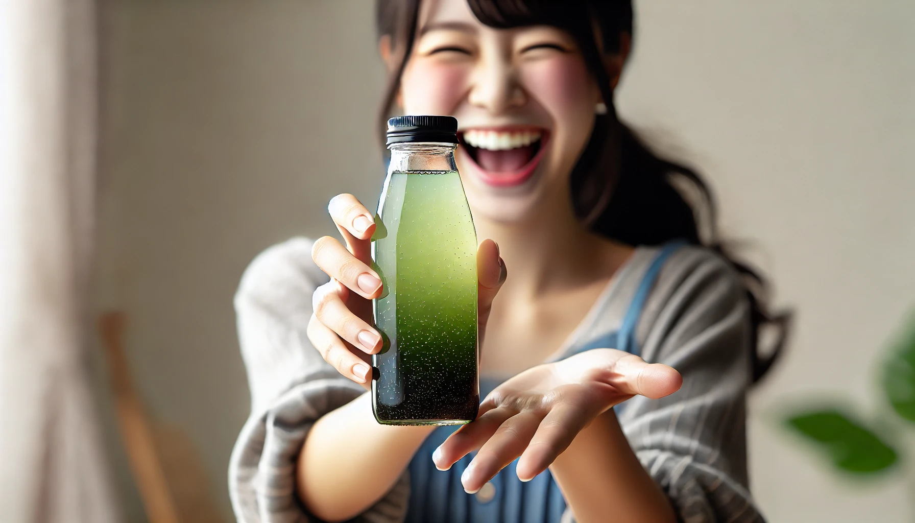 A small PET bottle of plum juice mixed with black vinegar, creating a refreshing transparent drink with a light green hue. A Japanese person is joyfully holding the bottle in a casual setting, showing excitement at having found this drink. The image emphasizes the drink's balance of sourness and sweetness, with a simple background.