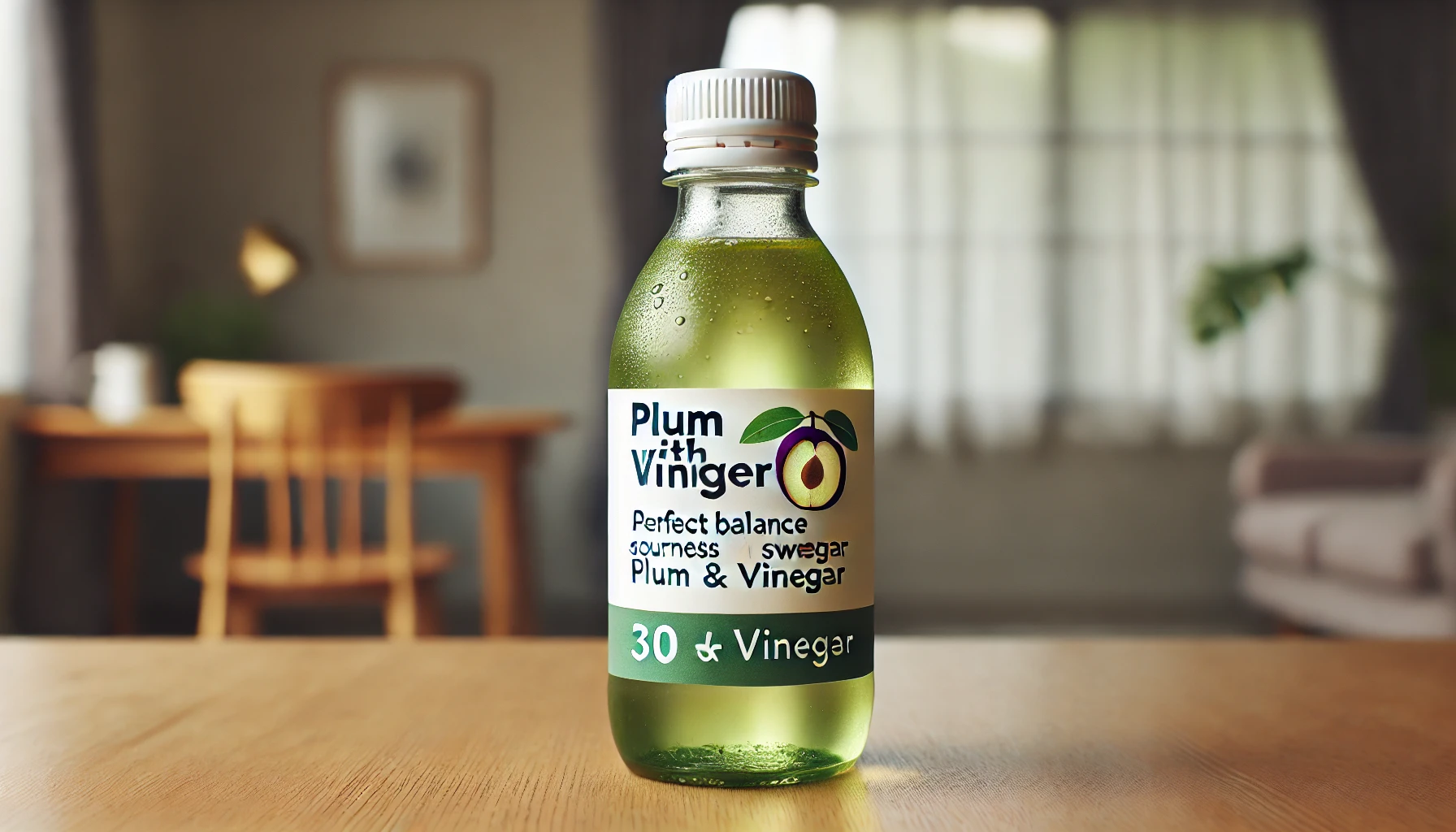 A small PET bottle of plum juice mixed with vinegar, creating a refreshing transparent drink with a light green hue. The label highlights a perfect balance of sourness and sweetness, showcasing the plum and vinegar combination. Background shows a simple setting to emphasize the bottle.