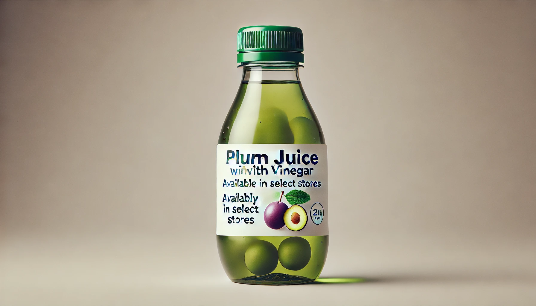 A small PET bottle of plum juice mixed with vinegar, creating a refreshing transparent drink with a light green hue. The image suggests that there is a common misconception about the product being discontinued, shown with a label indicating 'availability in select stores.' Simple background for emphasis on the bottle.