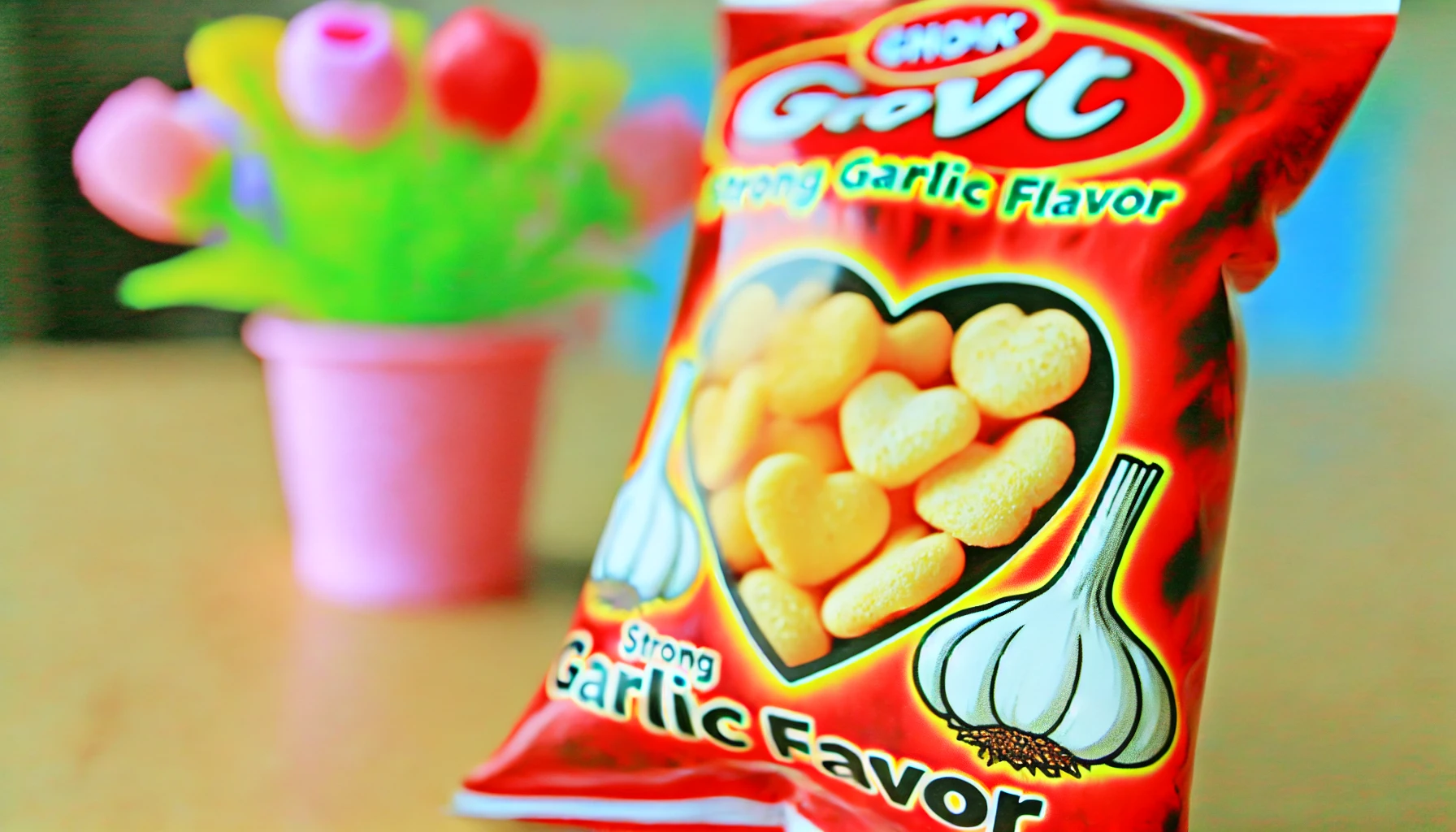 A vibrant photograph of a unique snack food with strong garlic flavor and heart-shaped design, placed stylishly on a table. The snack packaging is visible, emphasizing its bold and distinct garlic taste and heart shape.