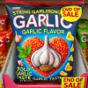 A vibrant photograph showing a unique snack food with strong garlic flavor and heart-shaped design, placed in a store display. The packaging highlights the bold garlic taste and heart shape, with signage that might cause misunderstanding of 'end of sale'.