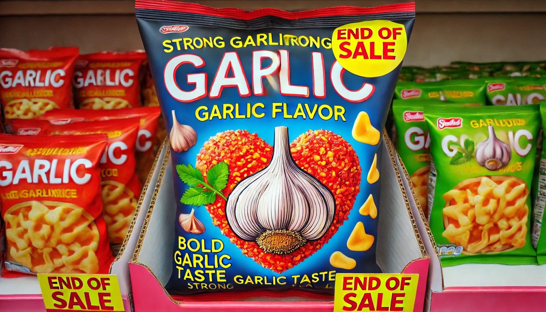 A vibrant photograph showing a unique snack food with strong garlic flavor and heart-shaped design, placed in a store display. The packaging highlights the bold garlic taste and heart shape, with signage that might cause misunderstanding of 'end of sale'.