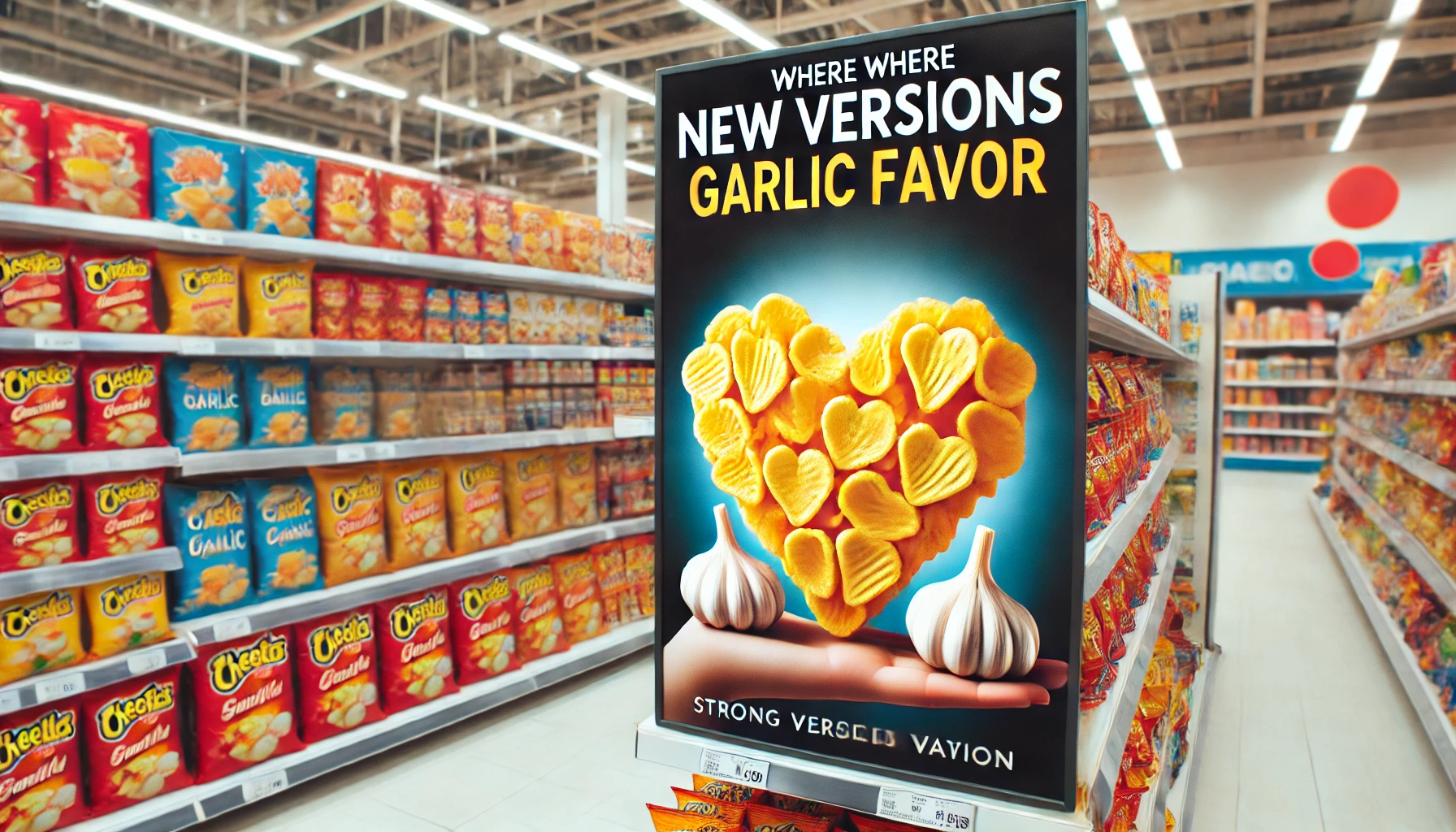 A photograph of a unique snack food with strong garlic flavor and heart-shaped design on display in a store, highlighting where new versions of the product can be purchased. Bright and attractive store shelving shows the snack as a featured item.