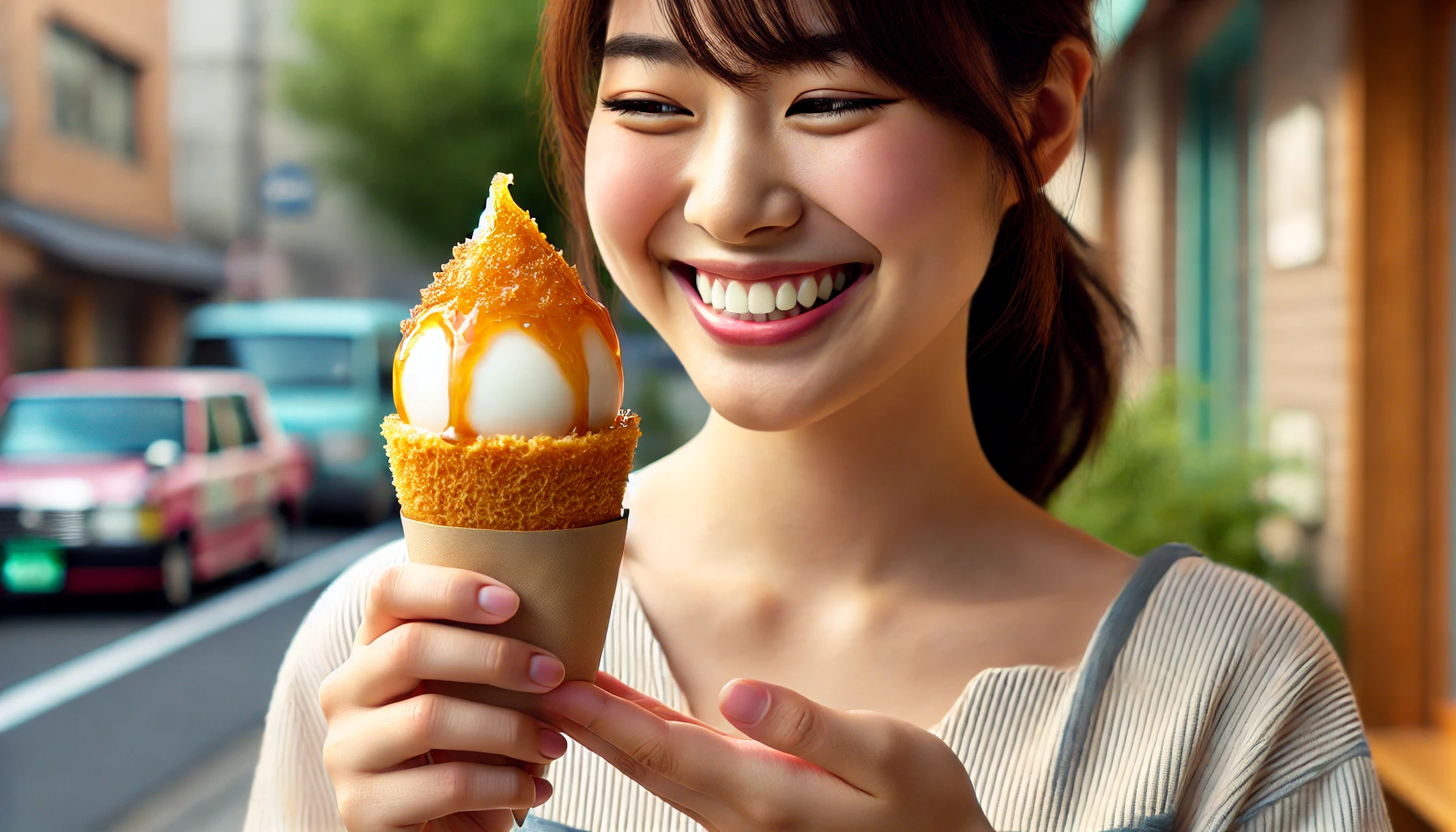 A Japanese person happily holding a rich, creamy milk ice cream with a caramelized top layer, featuring a crispy texture. Horizontal orientation (16:9).