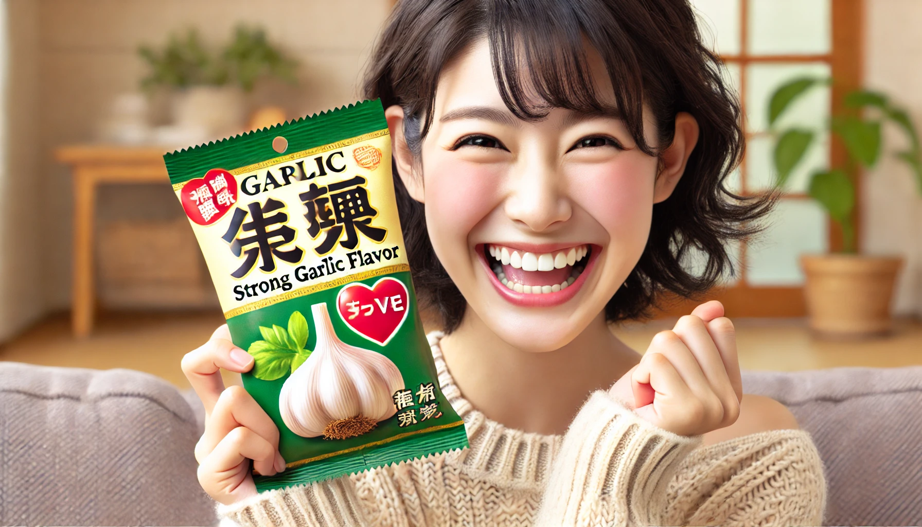 A joyful photograph of a Japanese person happily holding a snack food with strong garlic flavor and heart-shaped design. The person is smiling, showing excitement and satisfaction with the product, with a casual background.