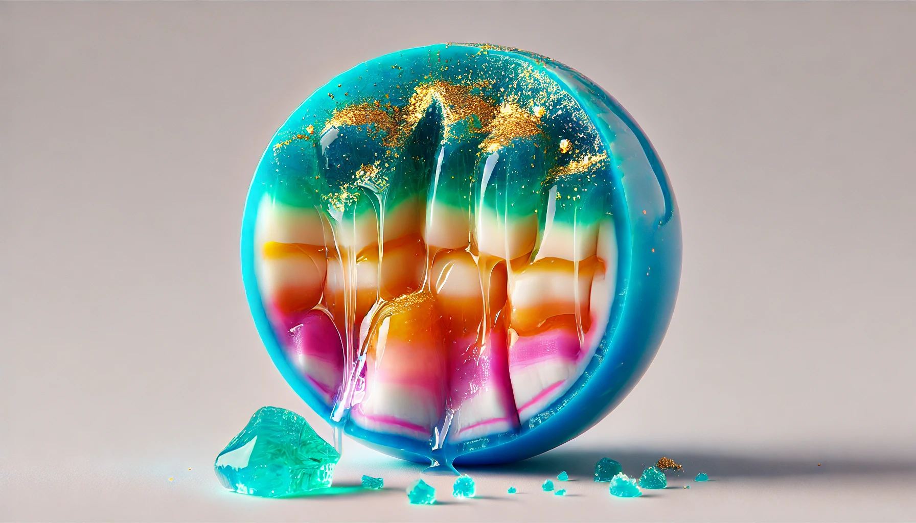 A close-up image of a unique candy that dissolves on the outside, revealing a different color inside. The candy is vibrant, with layers of different colors visible. Some pieces of candy include shiny gold flakes, giving them a luxurious look.