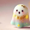 A cute, unique ghost-shaped candy with a special feature: as you lick it, the outer layer disappears, revealing a different color inside. The candy is decorated with edible gold leaf, giving it a charming and magical look. The background is soft, with a gentle, pastel-colored setting highlighting the candy's playful and enchanting appearance.