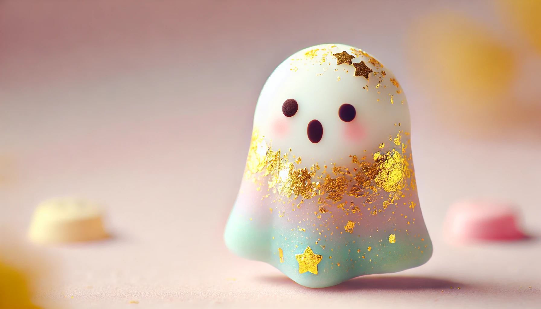 A cute, unique ghost-shaped candy with a special feature: as you lick it, the outer layer disappears, revealing a different color inside. The candy is decorated with edible gold leaf, giving it a charming and magical look. The background is soft, with a gentle, pastel-colored setting highlighting the candy's playful and enchanting appearance.