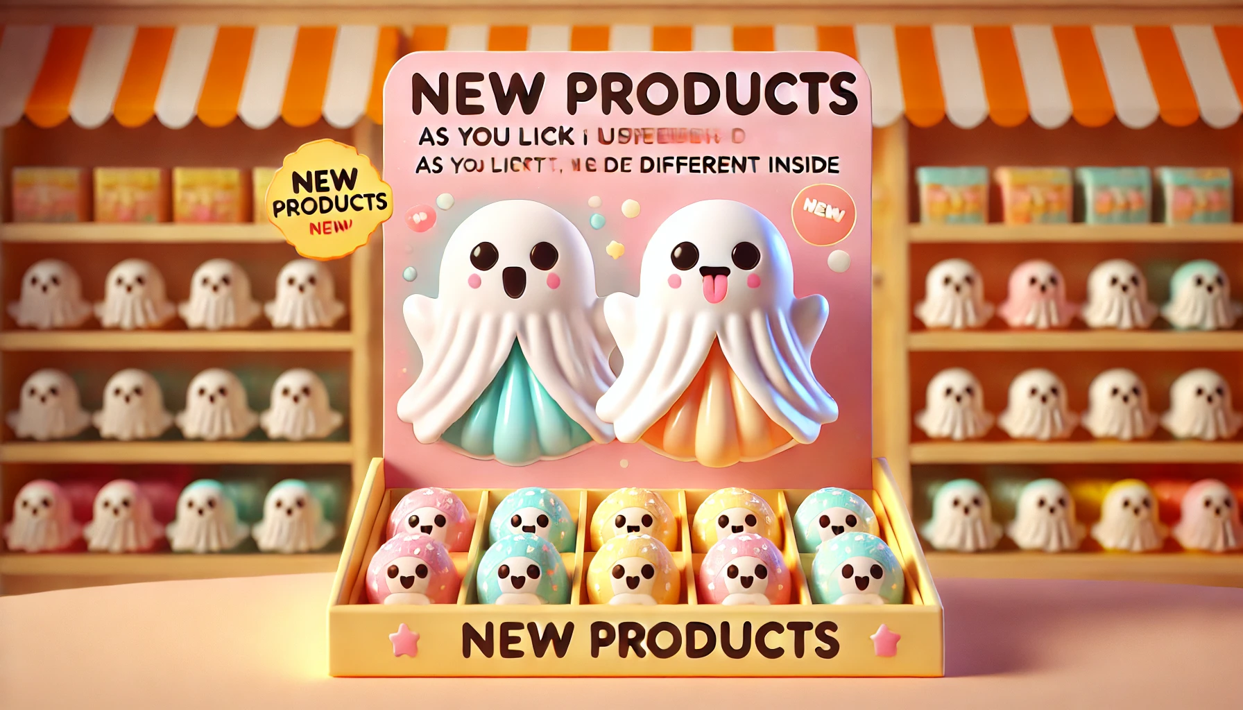 A cute, unique ghost-shaped candy with a special feature: as you lick it, the outer layer disappears, revealing a different color inside. The scene shows new products of this candy on shelves in stores, with a bright and inviting display. The background includes a warm, pastel-colored store setting that emphasizes the candy's playful look.