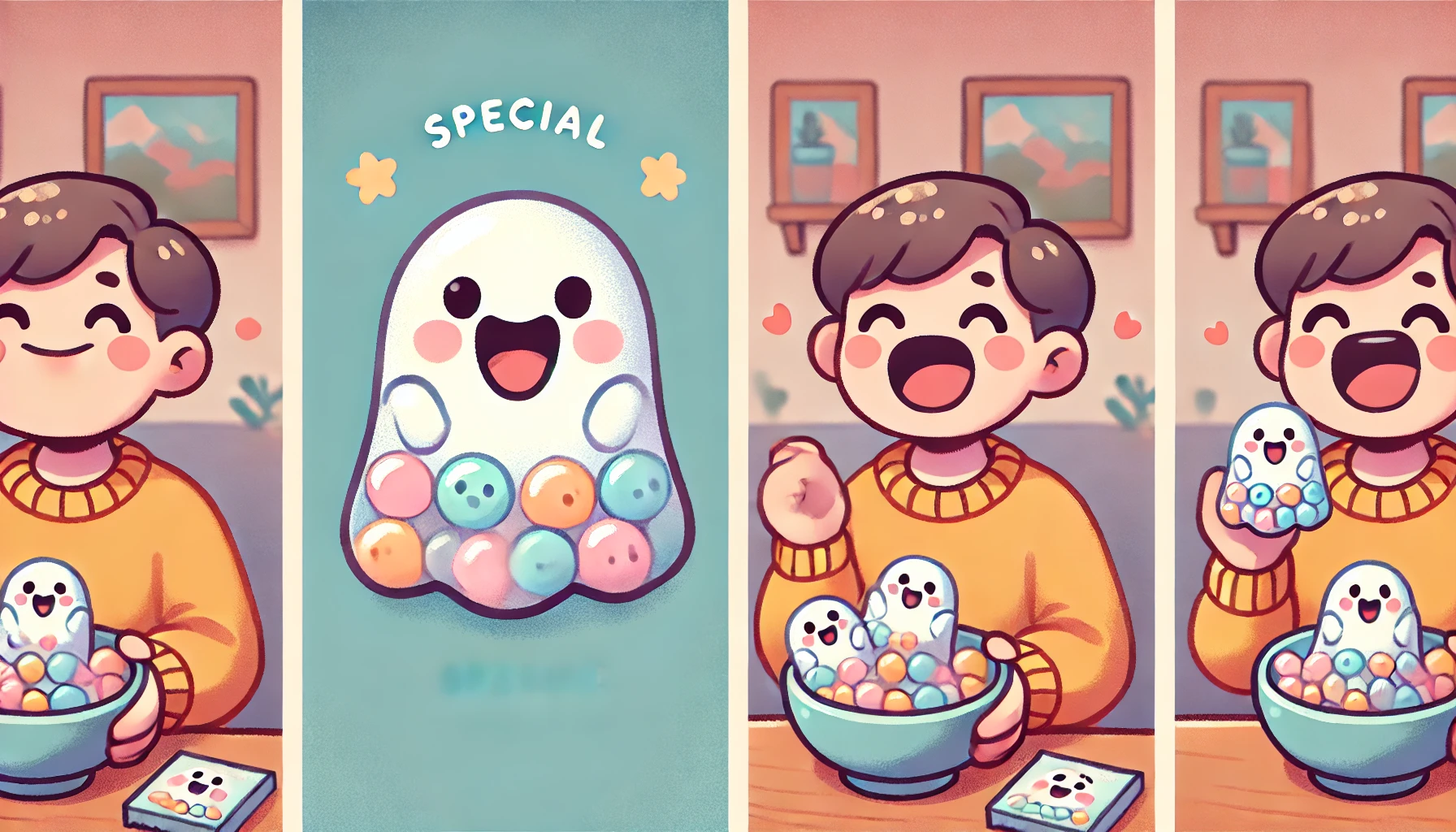 A cute, unique ghost-shaped candy with a special feature: as you lick it, the outer layer disappears, revealing a different color inside. The scene shows a person happily holding the candy, excited and joyful about finding it. The background has a cozy, pastel-colored setting, emphasizing the candy's whimsical and fun appearance.