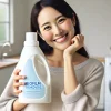 A happy Japanese person holding a tall, slender bottle of concentrated laundry detergent with biofilm removal and fresh scent features, smiling with satisfaction after purchase. Clean, minimalist background, well-lit indoor setting, expressing joy and satisfaction with the product.