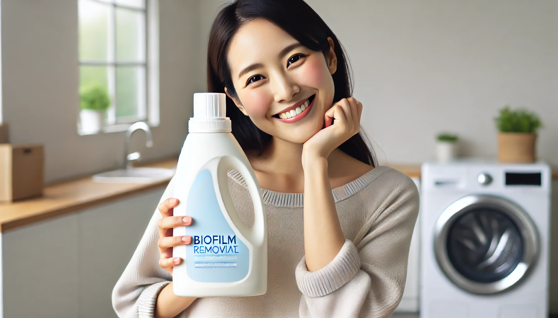 A happy Japanese person holding a tall, slender bottle of concentrated laundry detergent with biofilm removal and fresh scent features, smiling with satisfaction after purchase. Clean, minimalist background, well-lit indoor setting, expressing joy and satisfaction with the product.