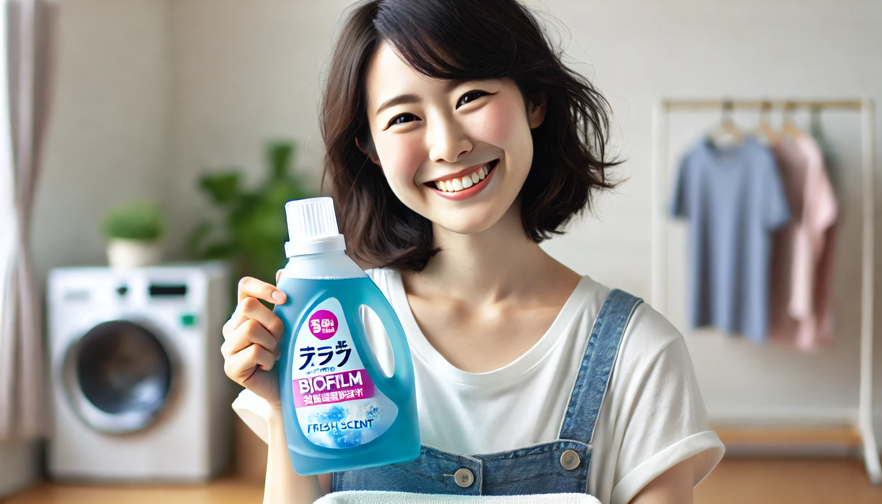 A Japanese person smiling and holding a bottle of concentrated laundry detergent with 'biofilm' removal and fresh scent features. Happy expression, showing satisfaction after purchase. Clean, minimal background, well-lit indoor setting.