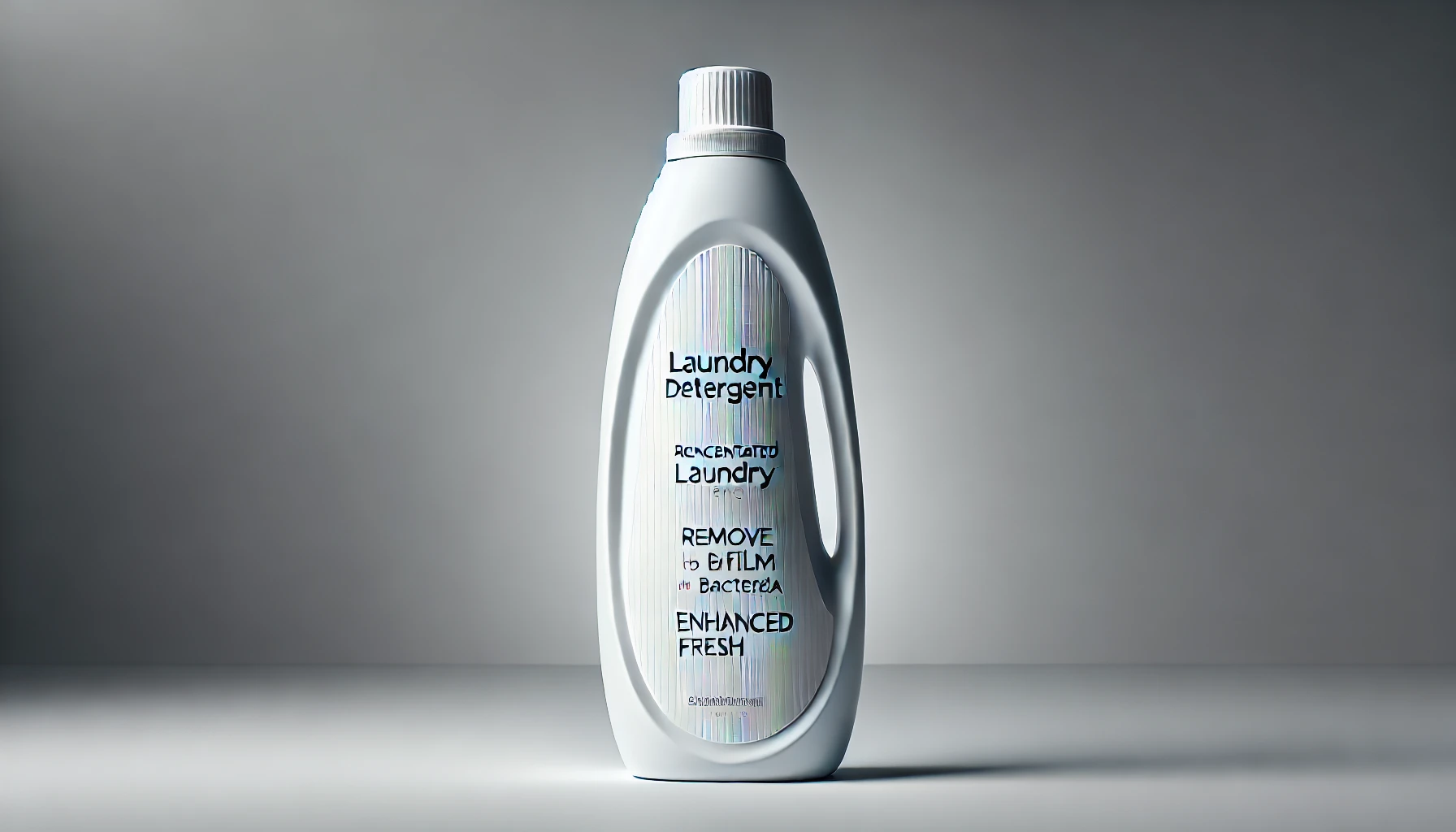 A tall, slender bottle of concentrated laundry detergent, designed to remove 'biofilm' created by bacteria, with enhanced fresh scent. The bottle should be sleek and modern, with a vertical, narrow design. Clean and minimalist background, high-quality product display with soft lighting.