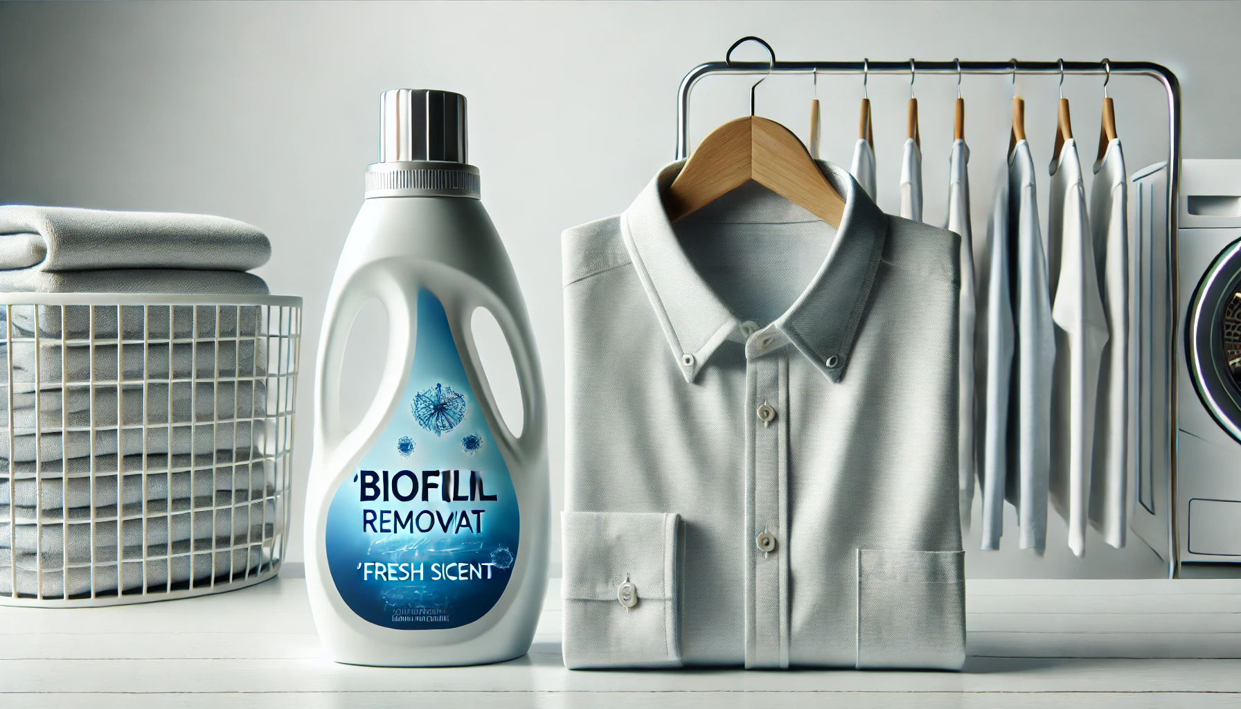 A clean, folded shirt displayed next to a tall, slim bottle of concentrated laundry detergent with 'biofilm' removal and fresh scent features. The shirt looks pristine, emphasizing the detergent’s cleaning power. Minimalist background with bright, clear lighting.