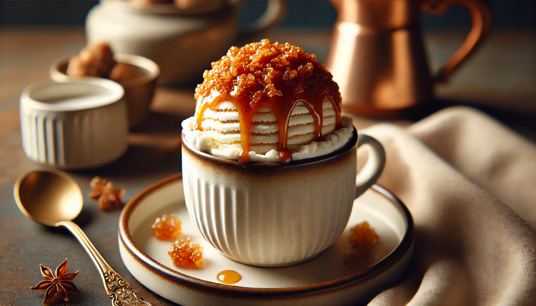 A cup of rich milk ice cream with a caramelized surface, featuring a crunchy texture. The cup of ice cream is beautifully presented, with a close-up shot that highlights the crispy caramel top and creamy interior. The setting is elegant and showcases the ice cream as a premium dessert.