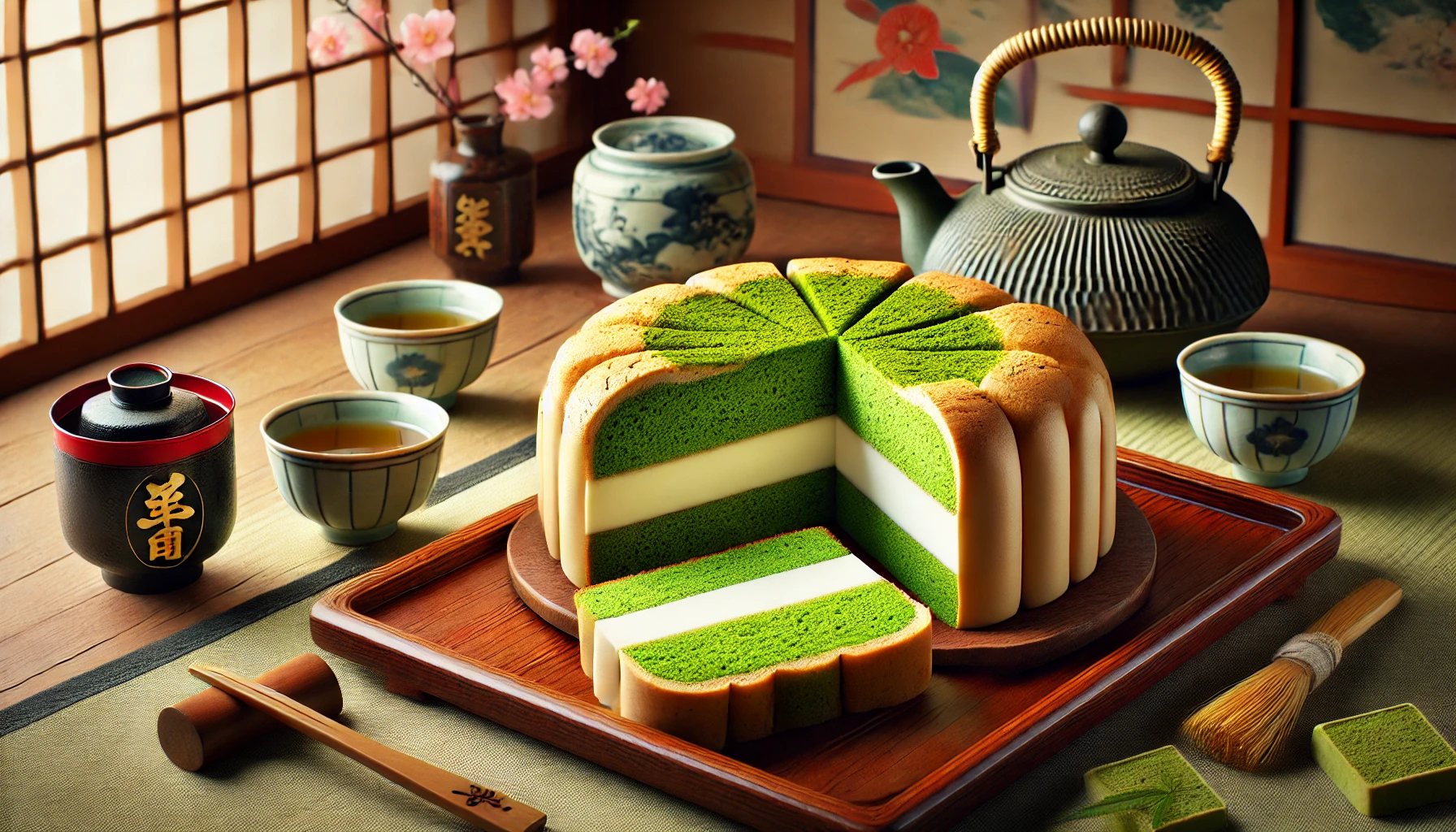 A beautifully displayed Kyoto-style baumkuchen made with Kyoto-grown Uji matcha and soy milk, symbolizing the flavors of Kyoto. The baumkuchen is sliced to show its vibrant green and white layers, set on an elegant wooden tray with a Japanese tea set beside it. Background has a soft, traditional Japanese setting. The image is wide, 16:9.