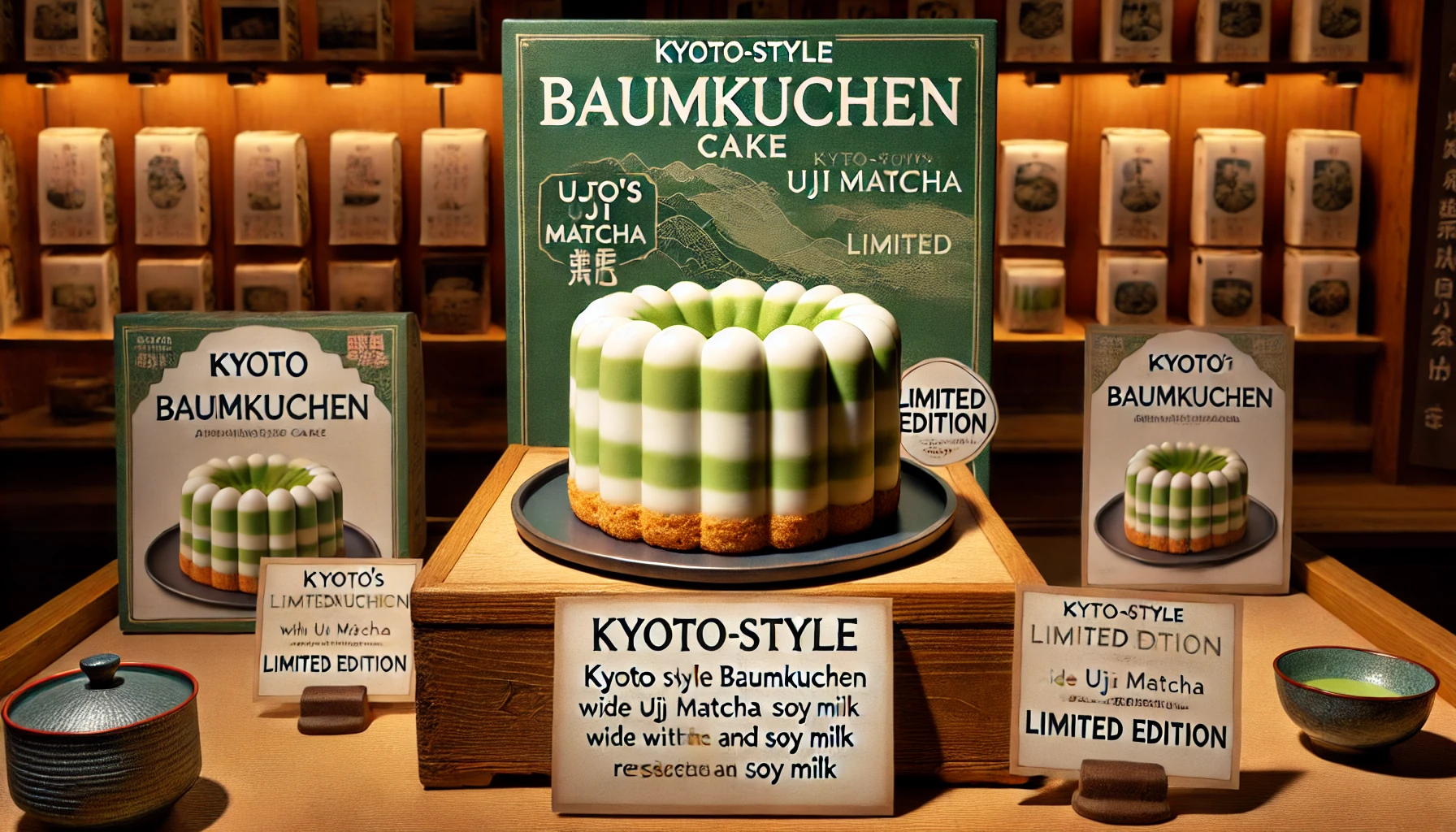 A Kyoto-style Baumkuchen cake with light green and white stripes, made with Kyoto’s Uji matcha and soy milk, representing Kyoto’s taste. Displayed in a shop setting with limited edition signs. The atmosphere is warm, with traditional Japanese decor highlighting the exclusive nature of the product.