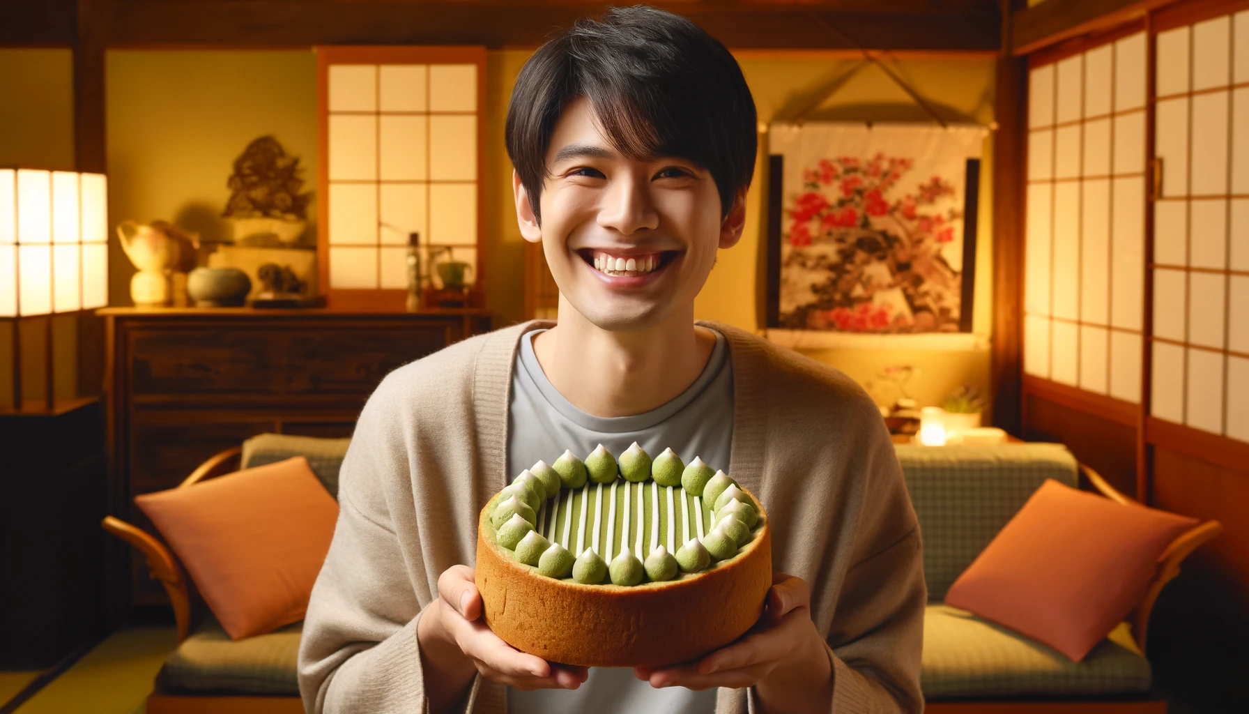 A joyful Japanese customer holding a Kyoto-style Baumkuchen cake with light green and white stripes, made with Kyoto’s Uji matcha and soy milk, showing happiness in a Japanese home setting. The background is cozy and warmly lit, with traditional Japanese decorations that emphasize the cultural value of this unique dessert.