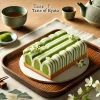 A delicate Kyoto-style Baumkuchen cake featuring light green and white stripes, made with Kyoto's Uji matcha and soy milk, representing the taste of Kyoto. The cake is beautifully displayed on a traditional Japanese wooden tray with a serene tea setting. The background is simple and elegant, capturing the essence of Kyoto's refined culture.