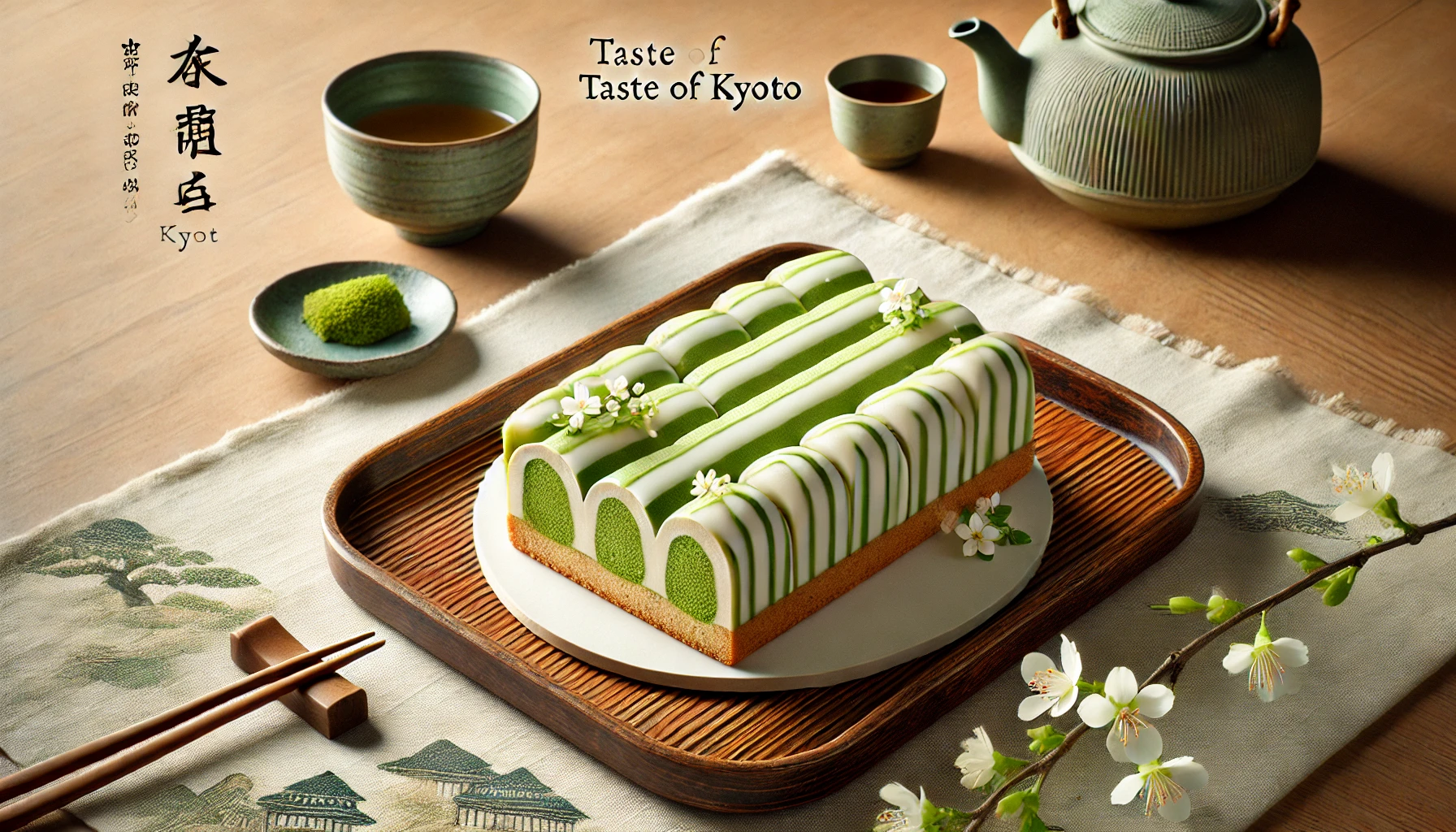 A delicate Kyoto-style Baumkuchen cake featuring light green and white stripes, made with Kyoto's Uji matcha and soy milk, representing the taste of Kyoto. The cake is beautifully displayed on a traditional Japanese wooden tray with a serene tea setting. The background is simple and elegant, capturing the essence of Kyoto's refined culture.