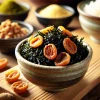 A close-up of a flavorful furikake (Japanese seasoning) made with thick hijiki seaweed and crunchy ume (plum) pieces in a small ceramic bowl, resting on a natural wooden table. The bowl is surrounded by rice bowls and other Japanese condiments, with soft natural lighting, in a warm, inviting setting that emphasizes the texture and color of the furikake.