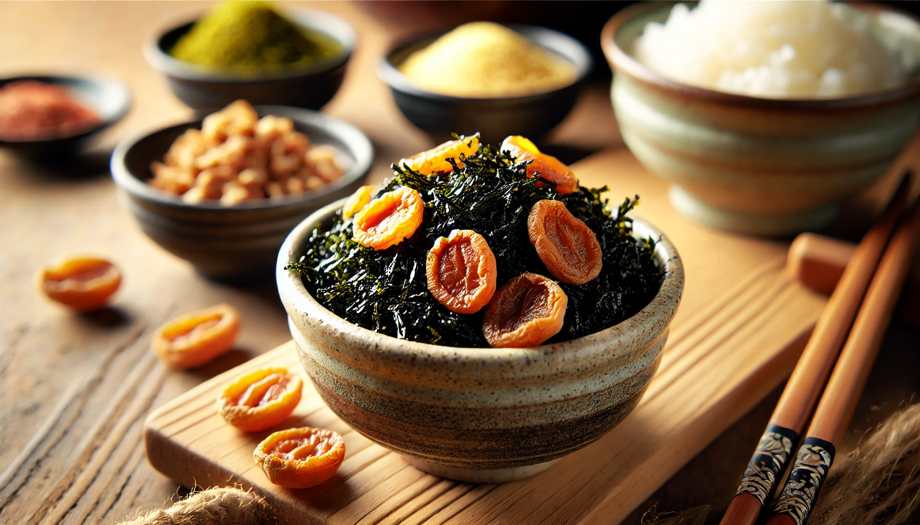 A close-up of a flavorful furikake (Japanese seasoning) made with thick hijiki seaweed and crunchy ume (plum) pieces in a small ceramic bowl, resting on a natural wooden table. The bowl is surrounded by rice bowls and other Japanese condiments, with soft natural lighting, in a warm, inviting setting that emphasizes the texture and color of the furikake.