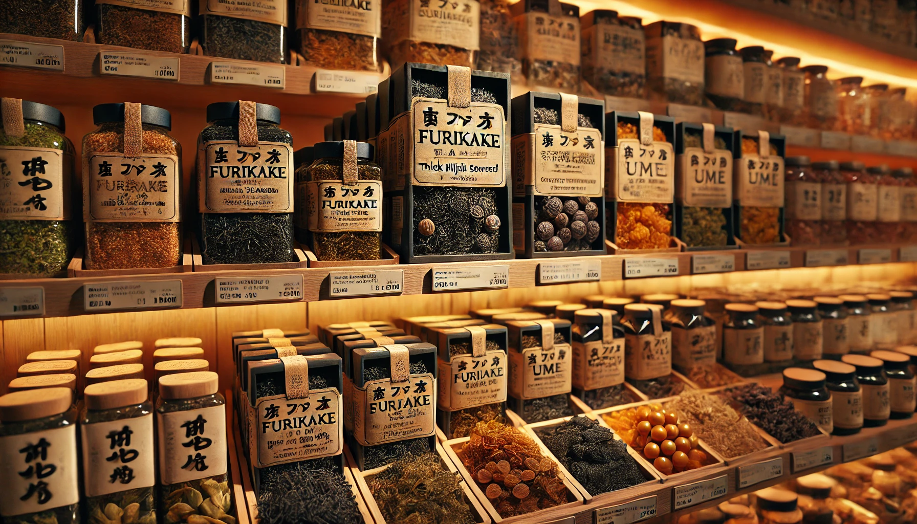 A beautifully arranged display of popular furikake made with thick hijiki seaweed and crunchy ume (plum) pieces in a Japanese grocery store setting. The shelves are filled with similar Japanese condiments, emphasizing the high demand and appeal of this particular furikake. Soft, warm lighting highlights the product packaging and its vibrant details.