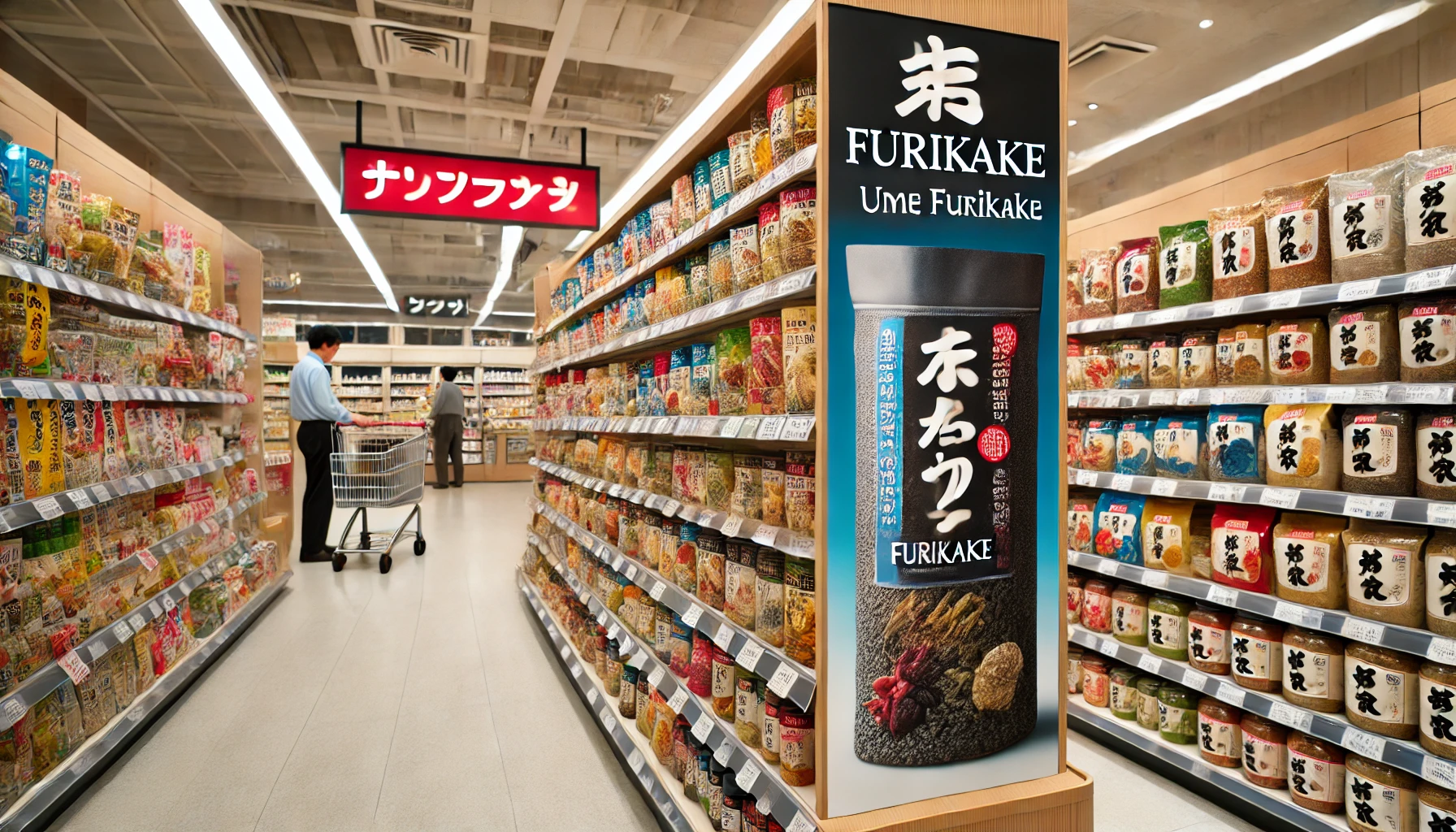 A well-lit Japanese supermarket aisle with shelves stocked with furikake varieties, including the popular hijiki and ume furikake. The product is displayed prominently, showing where customers can find it. Background shows customers browsing Japanese condiments, highlighting the popularity and accessibility of this seasoning in stores.