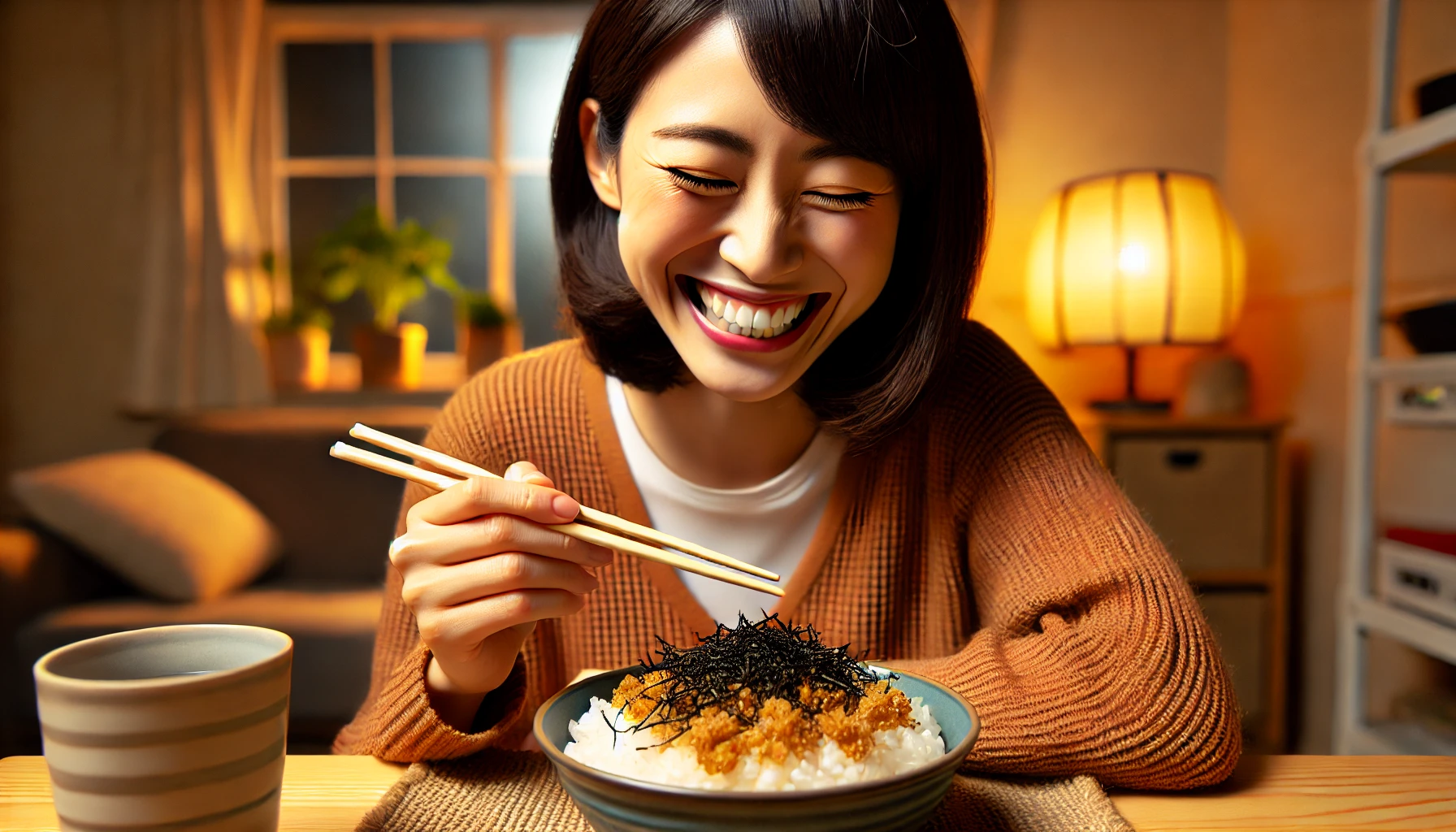 A happy Japanese person at home enjoying a meal with rice, topped with hijiki and ume furikake, with a big smile of satisfaction. The setting is cozy, and the person appears content, savoring the unique taste of the crunchy ume furikake. Warm indoor lighting emphasizes the joy of enjoying this popular Japanese seasoning.