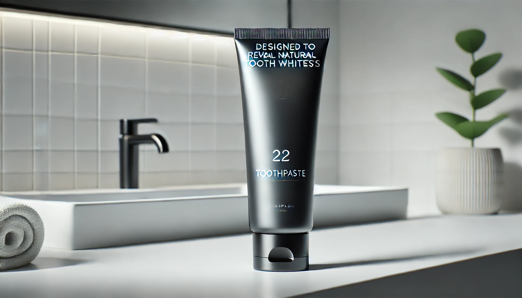 A high-quality image of a sleek and elegantly designed toothpaste tube labeled as 'toothpaste designed to reveal natural tooth whiteness,' placed on a clean bathroom counter with a subtle background. The emphasis is on the product design, giving a sense of effectiveness and sophistication.