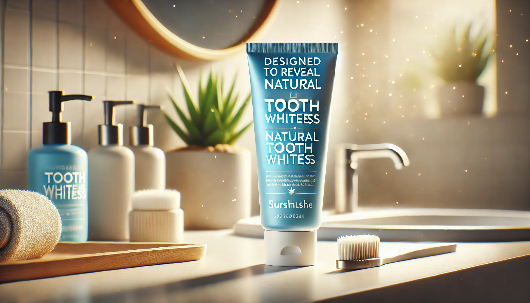 A visually appealing scene featuring a toothpaste tube labeled 'designed to reveal natural tooth whiteness,' shown as a popular and trusted choice. The product is on a clean bathroom counter, with soft light creating an inviting, fresh look to highlight its popularity.