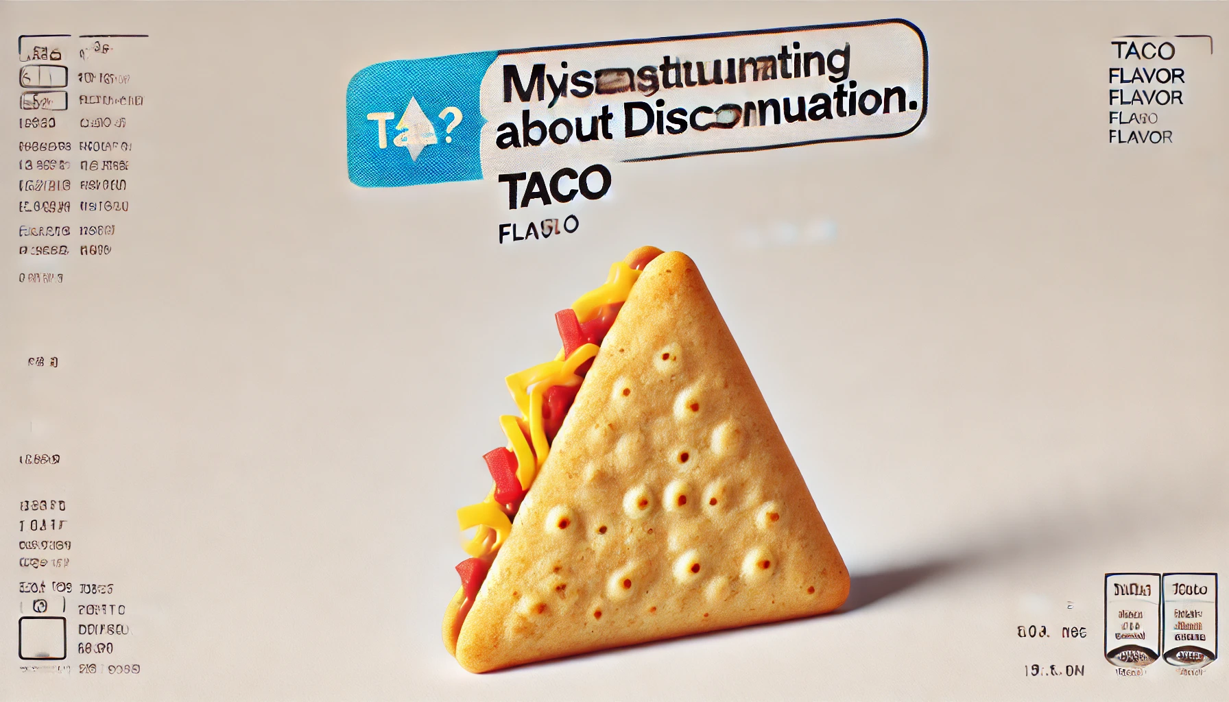 A small triangular tortilla snack with taco flavor, featured with a text overlay or visual element suggesting a misunderstanding about its discontinuation. The background is simple and clean, and the snack appears visually appealing. The image conveys a feeling of confusion or miscommunication, suitable for illustrating a misunderstanding about a product's availability.