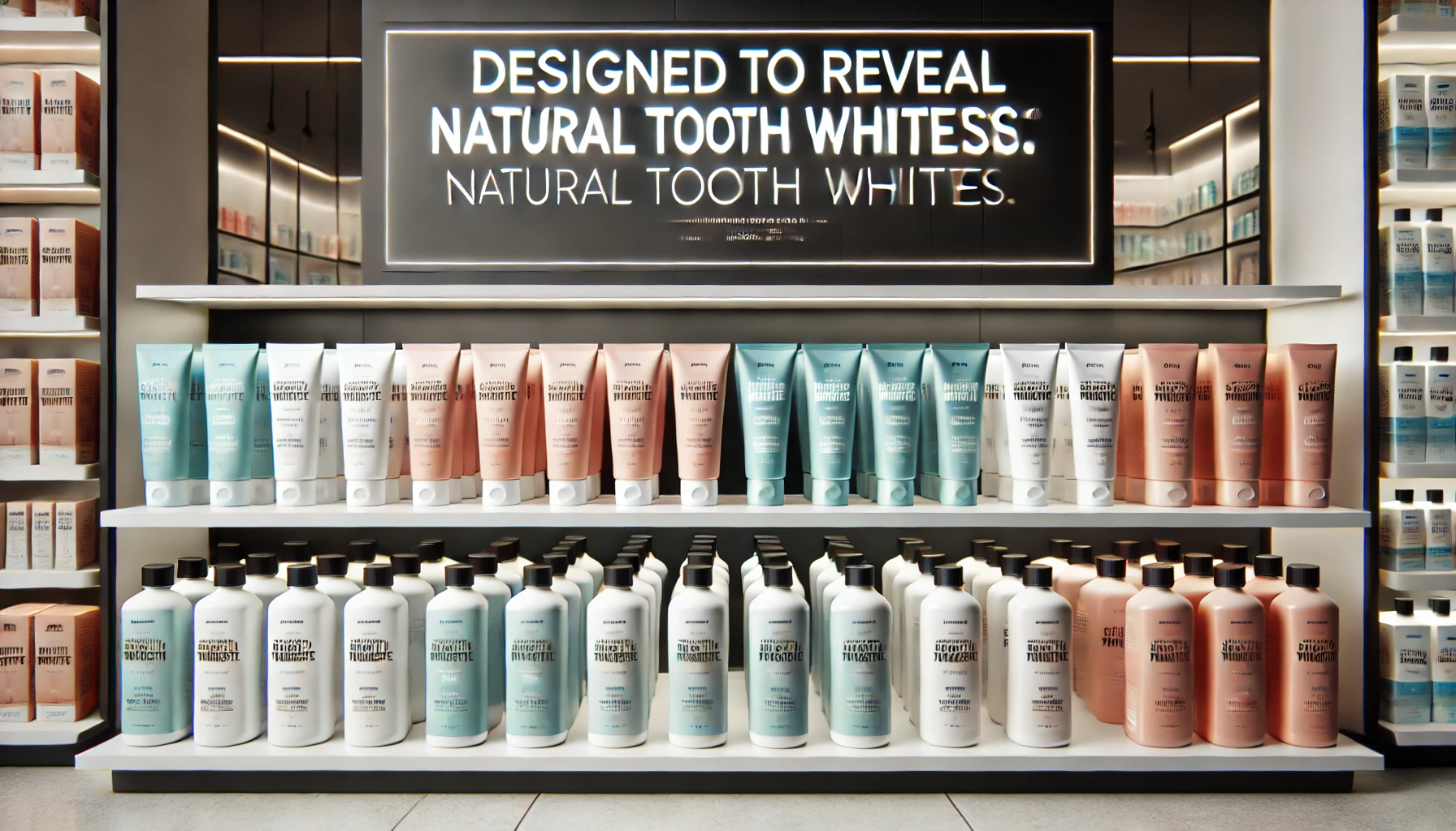 A stylish retail shelf featuring a display of toothpaste labeled 'designed to reveal natural tooth whiteness.' Various bottles are neatly arranged, showing where it's available for sale, with a focus on accessibility and availability in a clean, modern store environment.