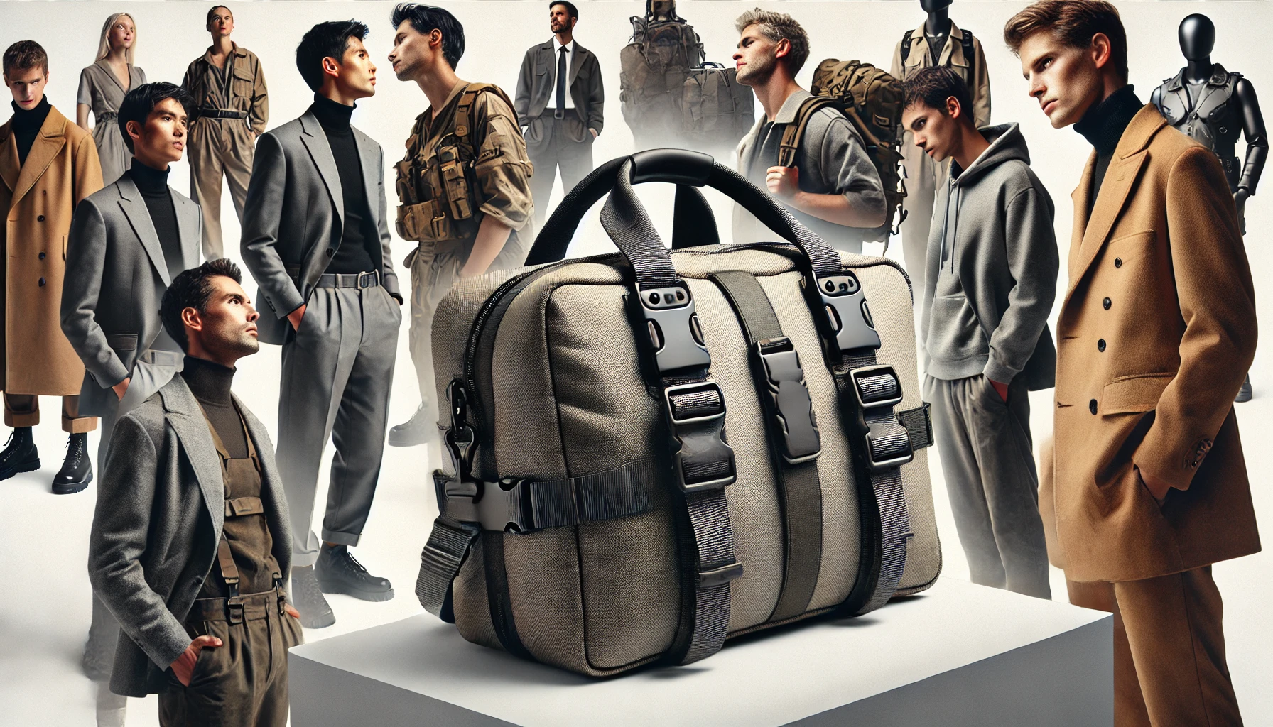 A military-inspired, stylish bag with high functionality and fashion appeal, with a minimal and sleek design. Background shows the bag admired by various people. Horizontal (16:9) image.