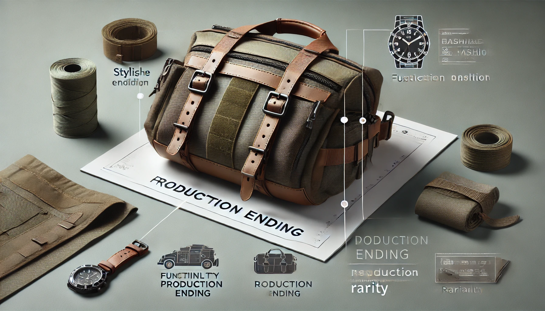 A stylish, military-inspired bag with functionality and fashion appeal, with a simple and minimal design. Displayed with details suggesting a misconception around production ending, emphasizing rarity. Horizontal (16:9) image.