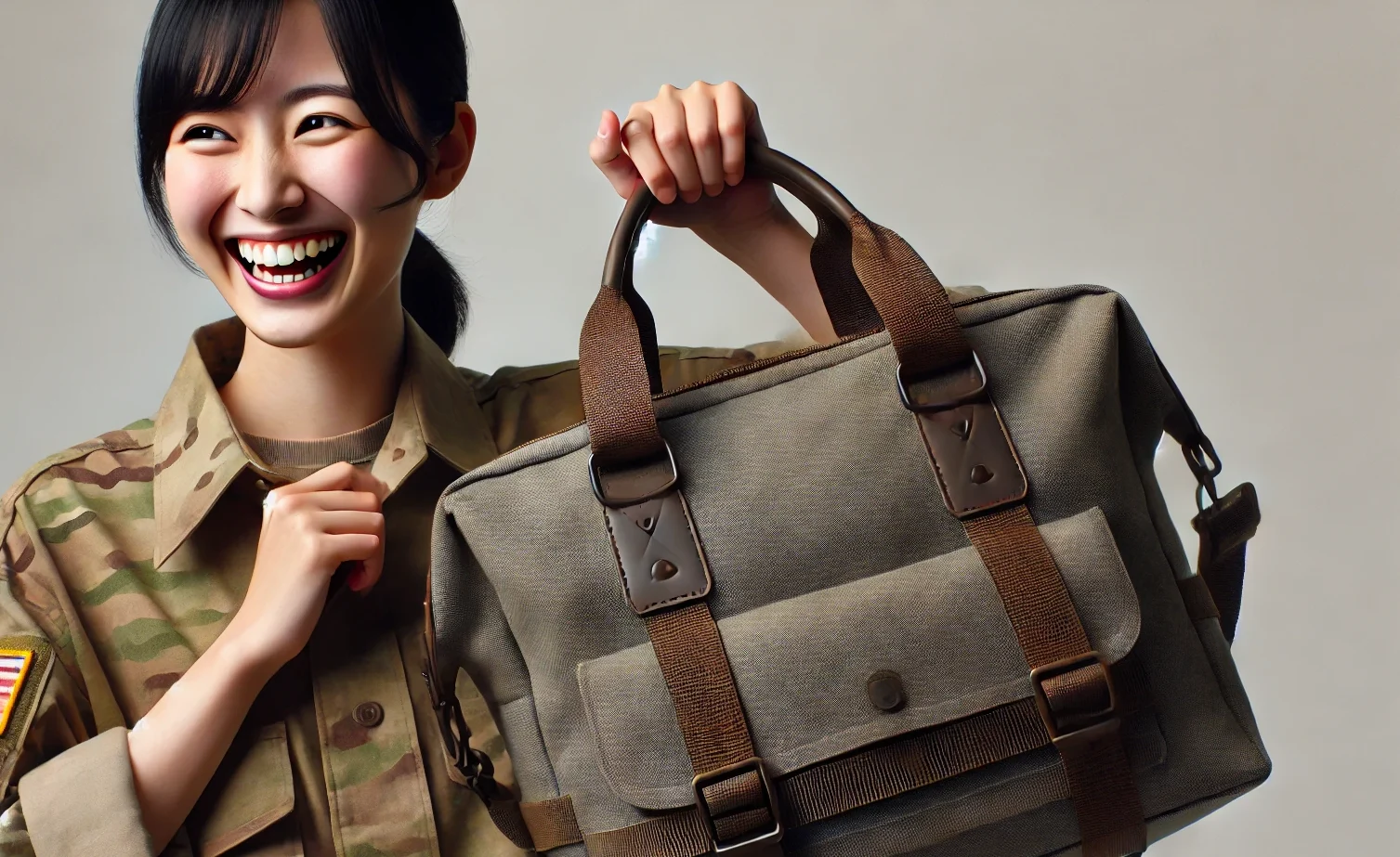 A Japanese person joyfully holding a military-inspired, stylish bag with functionality and fashion appeal. Simple and minimalist design in a sleek background. Horizontal (16:9) image.